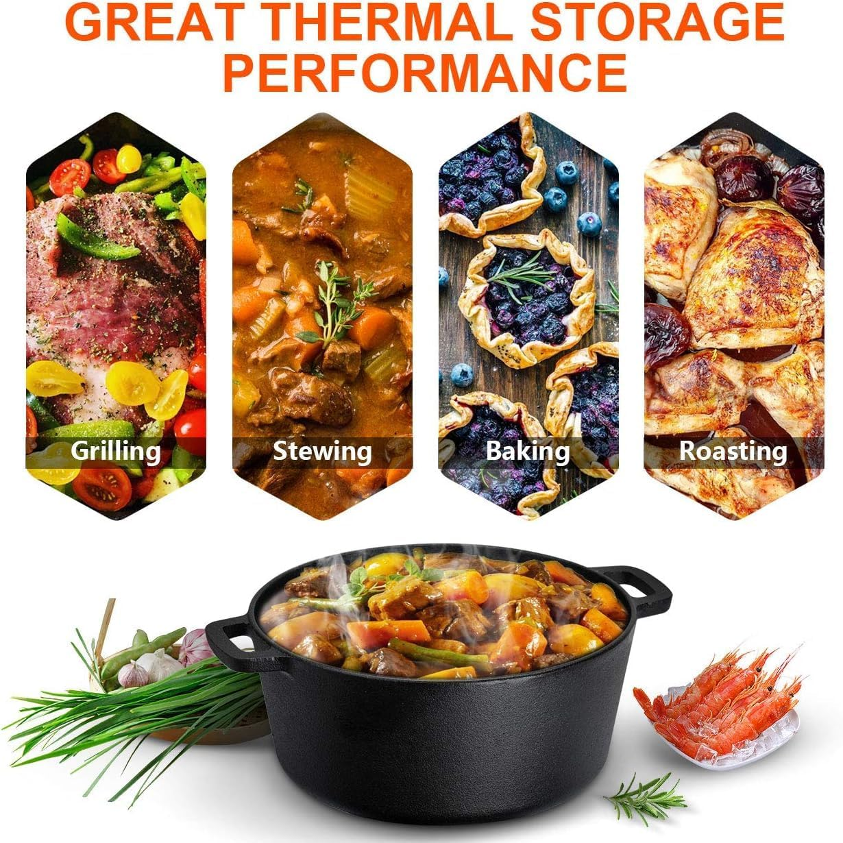 2-In-1 Cast Iron Dutch Oven Set, Pre-Seasoned Dutch Oven Pot with Lid and Dual Handles, for Bread, Frying, Cooking, 5-Quart image number 2