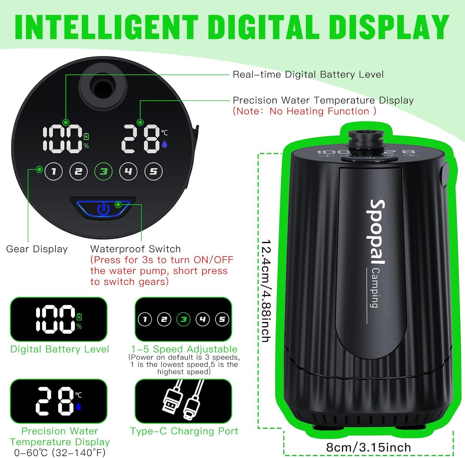 Portable Camping Shower, [10000Mah Long-Lasting] [Intelligent LED Display] Spopal Rechargeable Portable Shower Pump with 20L Water Bucket, 5 Speed Mode, for Camping, Travel, Hiking, Car & Pet Clean image number 5