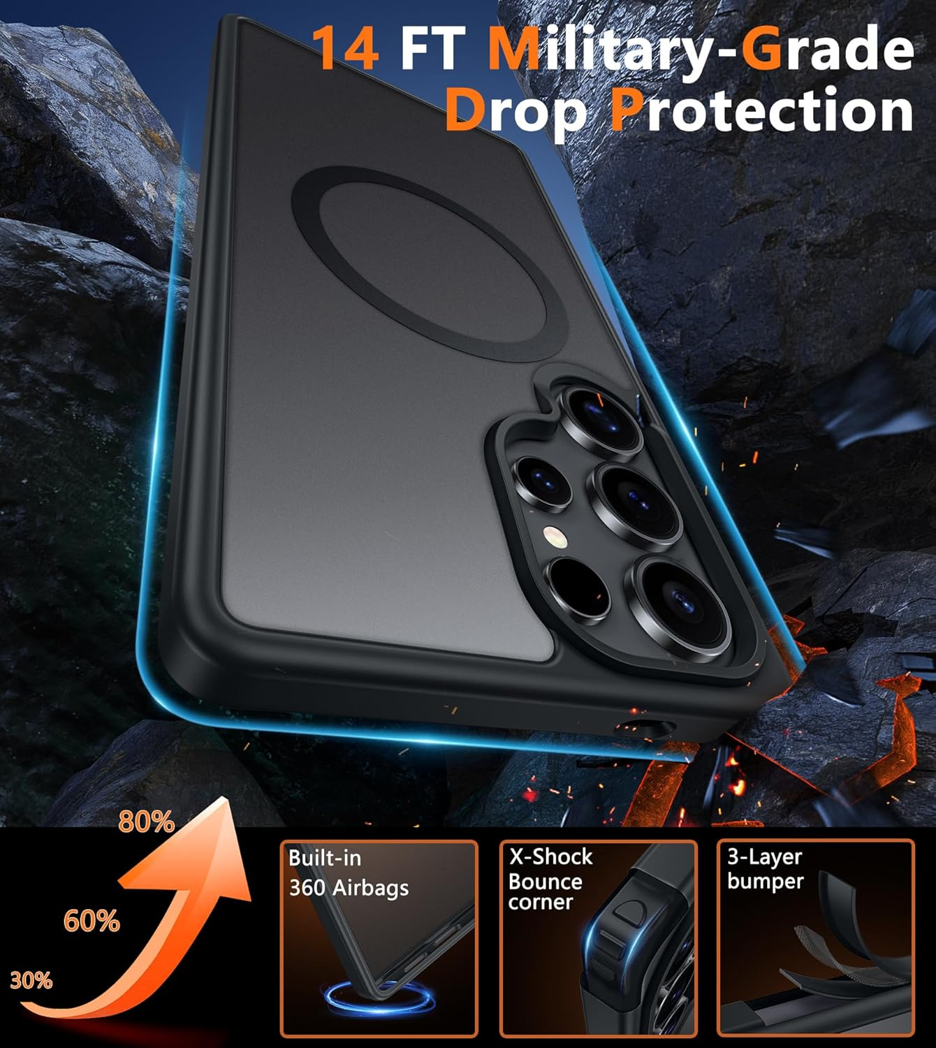 FNTCASE Case for Samsung Galaxy S25-Ultra: Matte Magnetic Slim Translucent Mobile Phone Case Military Drop Protection for Mobile Phones - Robust Durable Shockproof Protective Bumper Case (Black)