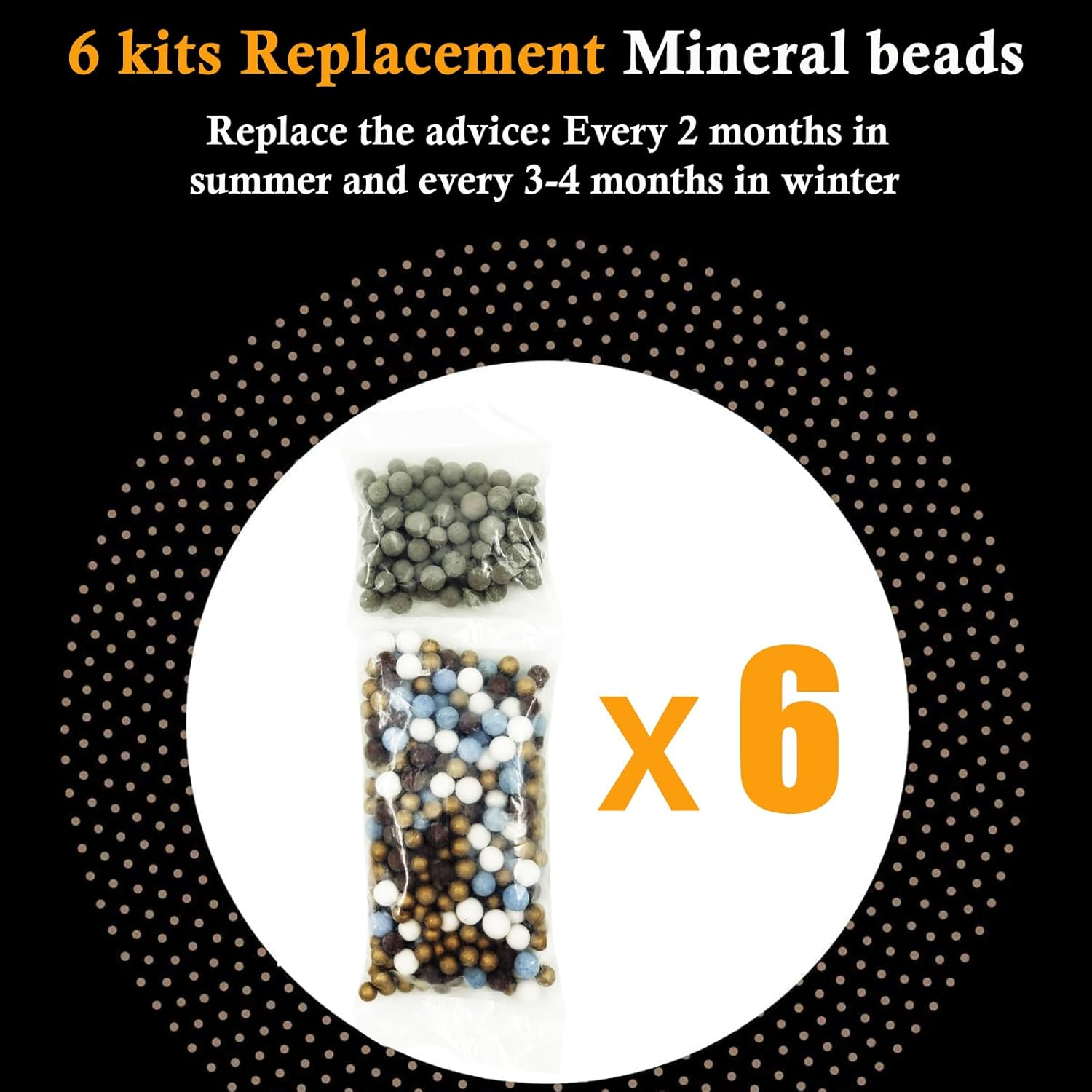 Slirceods Filtered Shower Head Filter Replacement，For Hard Water, Mineral Stone Beads for Purifying Water, Remove Chlorine and Other Impurities (6Pack)