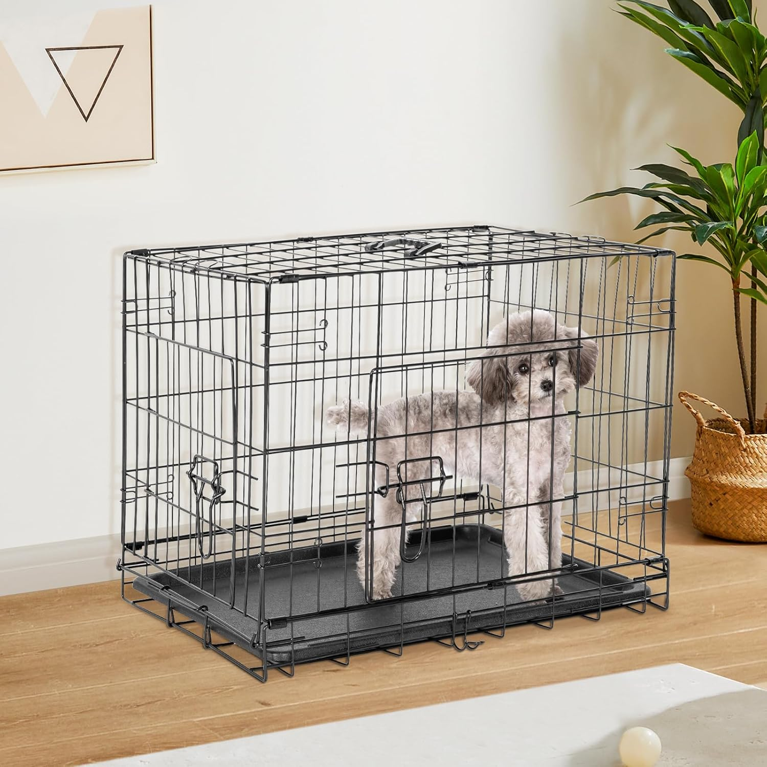 Sweetcrispy Large Dog Crate with Divider Panel, 36 Inch Double Door Folding Metal Wire Dog Cage with Plastic Leak-Proof Pan Tray, Pet Kennel for Indoor, Outdoor, Travel, 36S image number 2