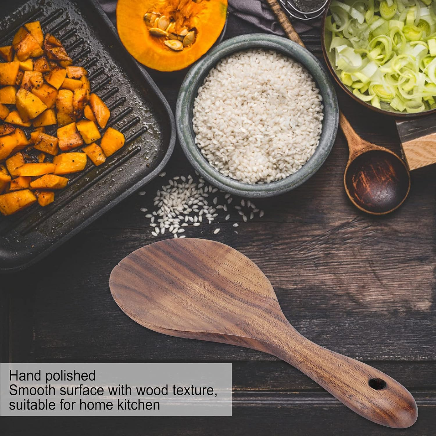 Rice Paddle, Non-Stick Natural Wooden Rice Spoon Shallow round Head Rice Spoon Rice Spoon image number 1