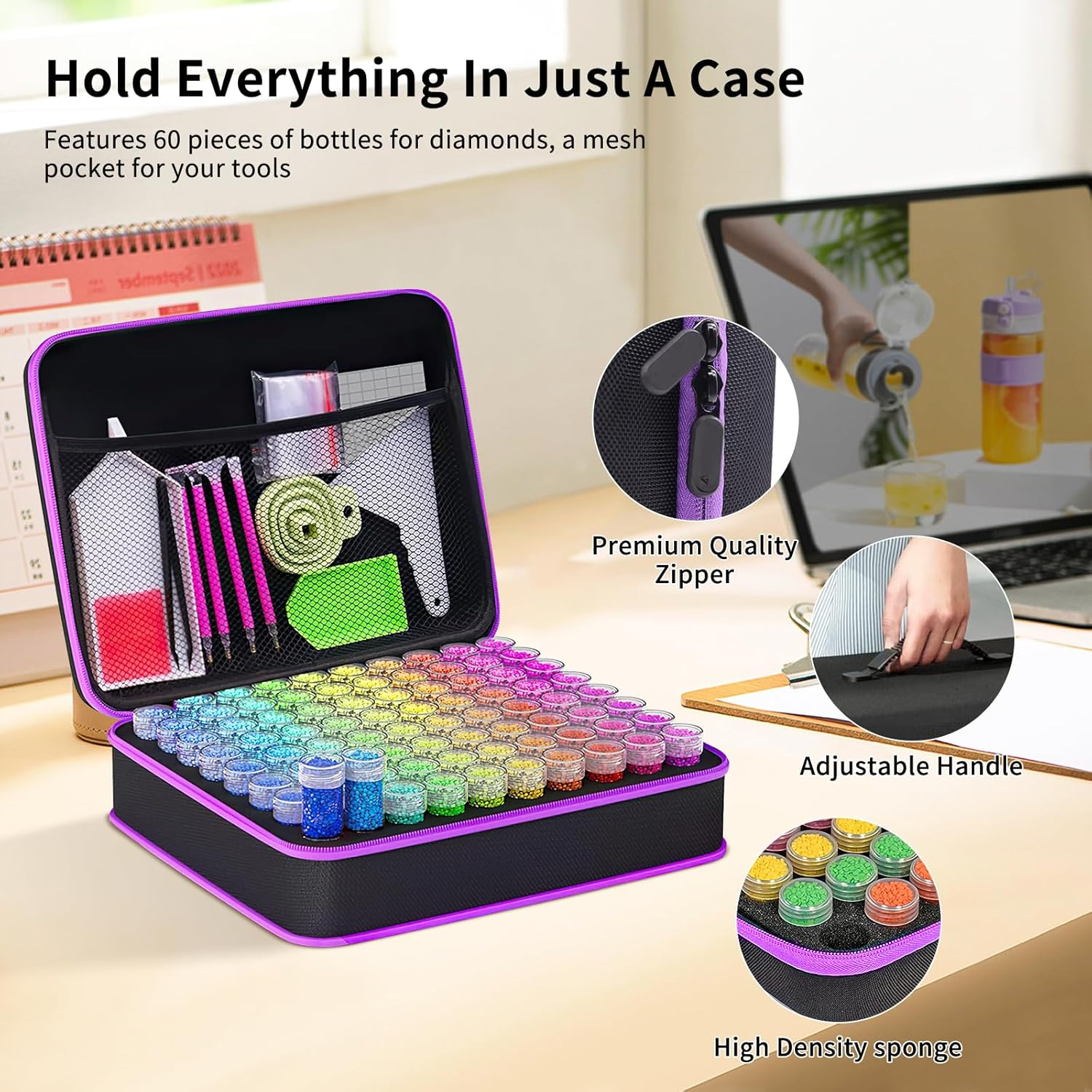 Diamond Art Tools Set, 60 Slots Diamond Set Diamond Painting Accessories Carrying Case with Tools and Accessories for Drill Pens (60) image number 4