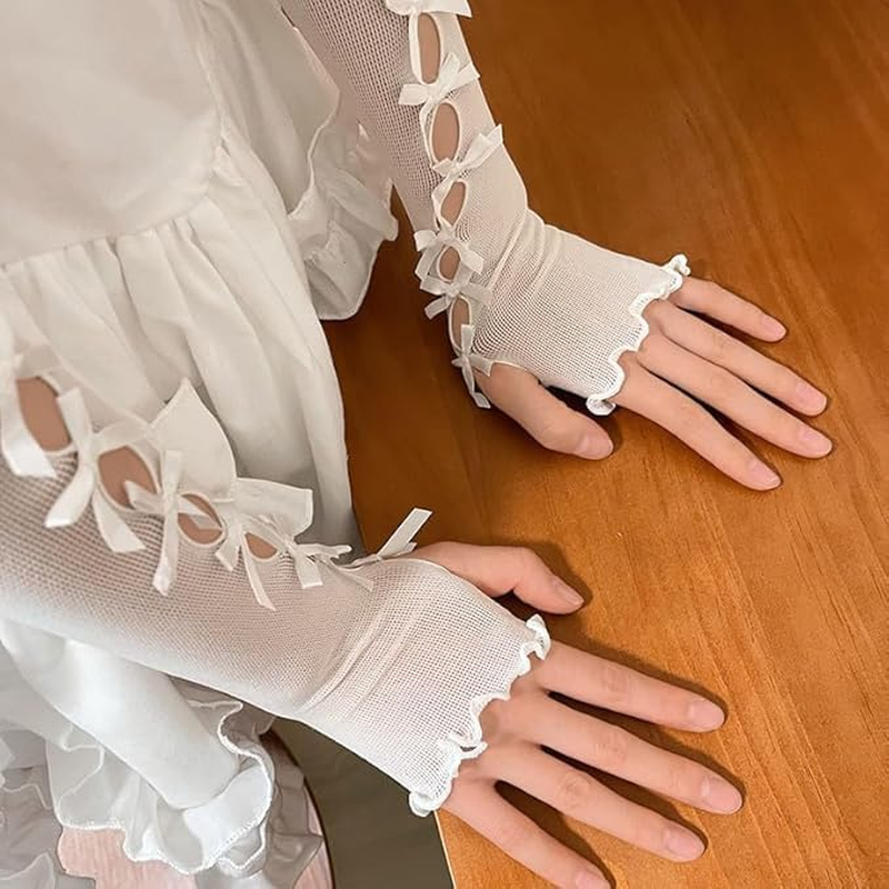 Mesh Ruffles Lace Fingerless Gloves Gothic Long Stretchy Bow Mesh Tulle Sheer Bridal Prom Princess Wrist Arm Sleeves for Women Halloween Cosplay Party Dress Accessories