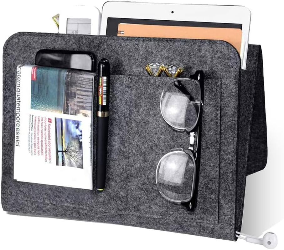Vivva Bed Caddy Organizer under Mattress, Pockets Felt Sofa Storage Bag, Student Dormitory Bedside Book Storage Hanging Bag, Bedside Caddy for Magazine, Headphones, Remote Control (L, Khaki)