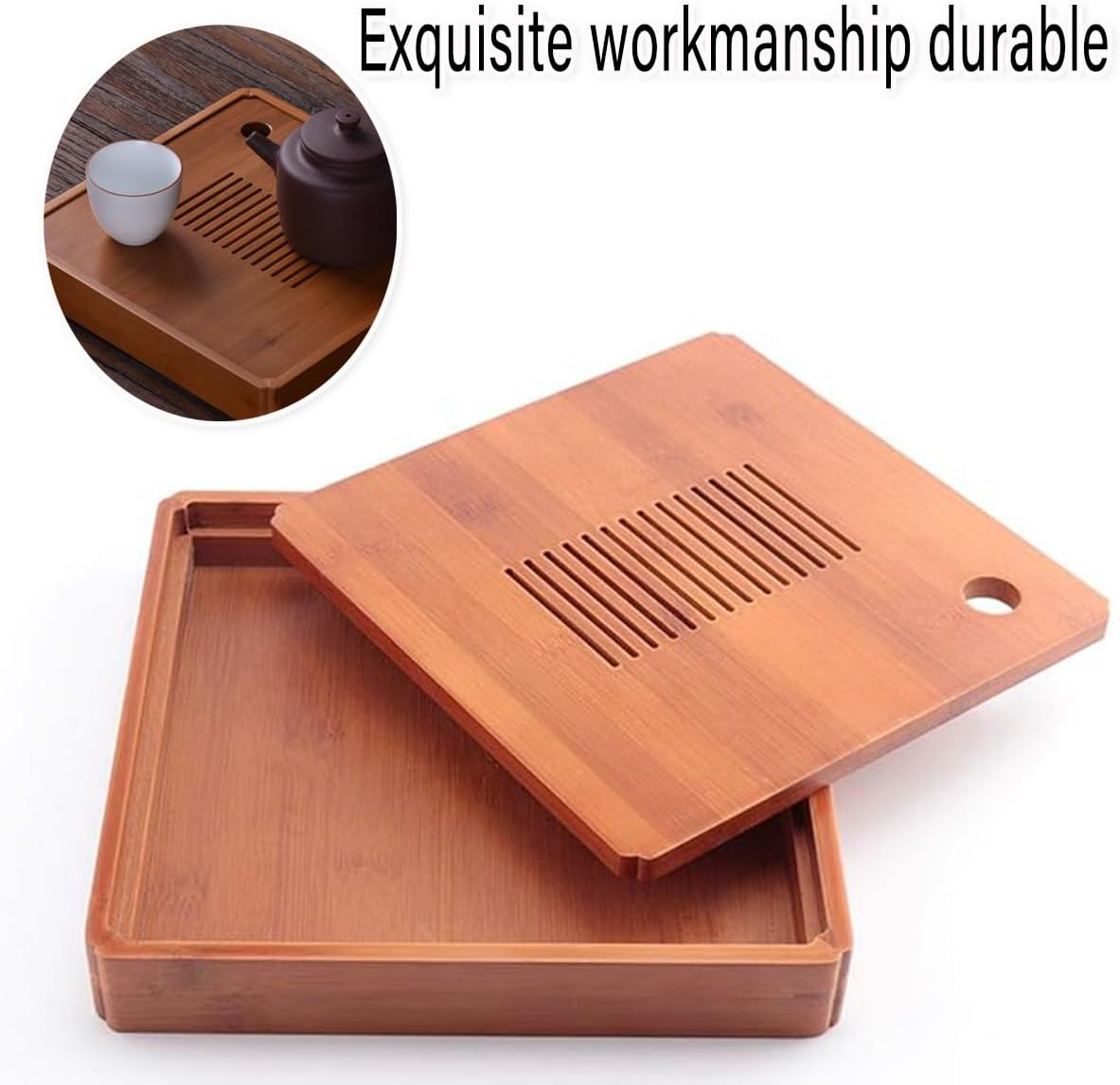 AIMALL Square Bamboo Tea Tray 9X9X1.4In Solid Wood Kung Fu Tea Set Tray for Storing Water and Serving, Durable Exquisite Design for Small and Large Tea Tables image number 5