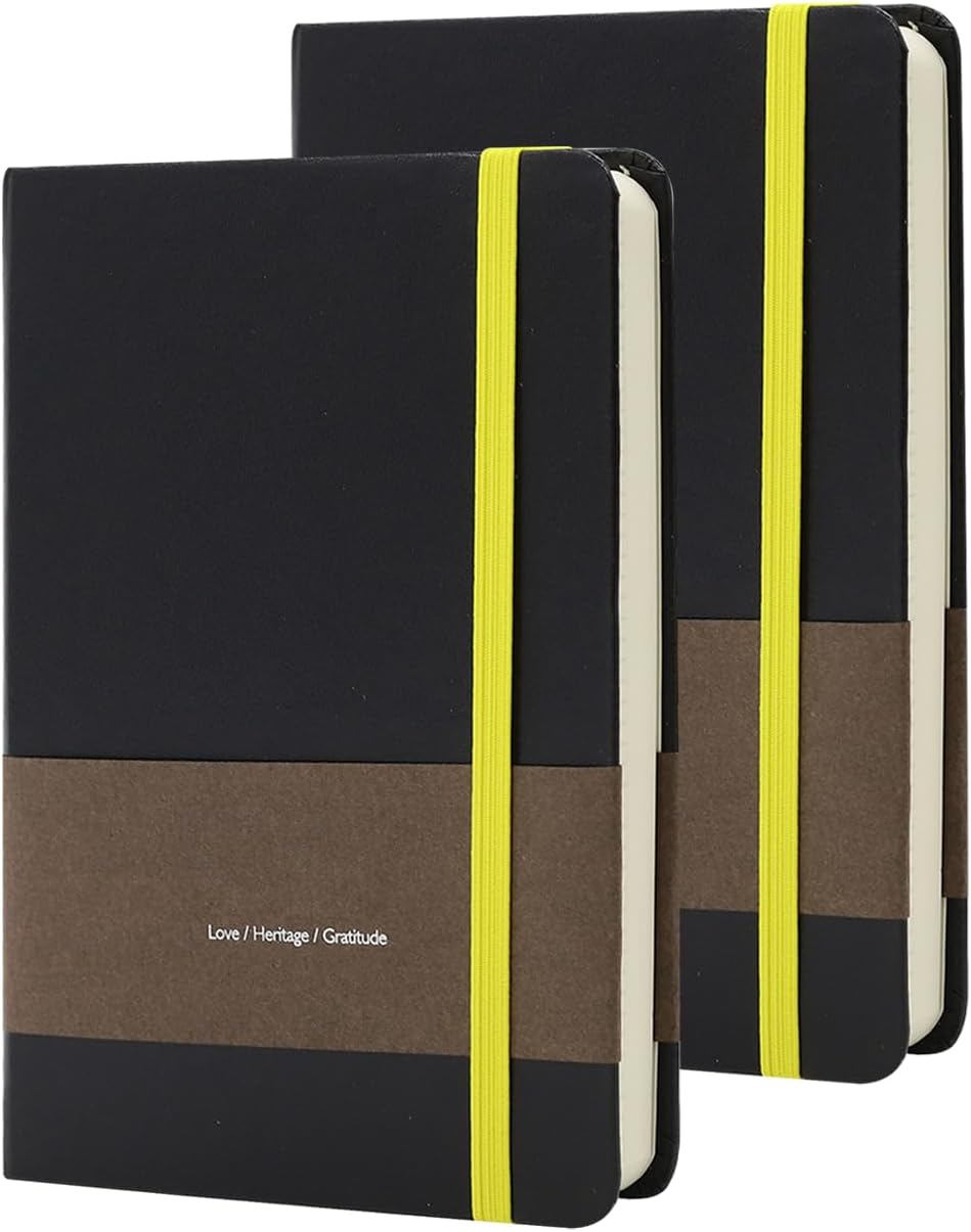 TUNJILOOL A6 Leather Journal Notebook - 2Pack Dotted/Grid/Blank Pages, 100GSM Thick Paper, Water-Resistant Cover, Elastic Closure & Inner Pocket (Black)