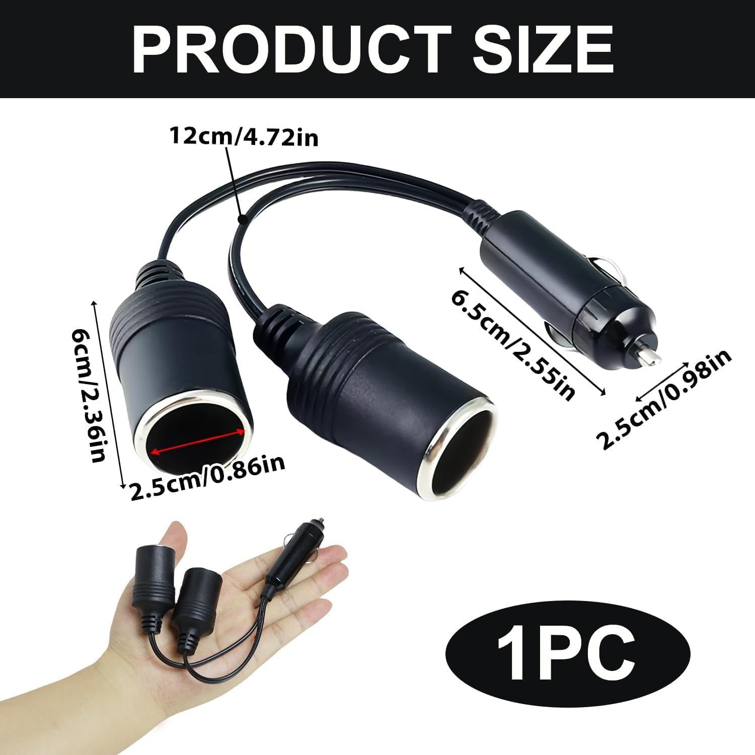 1 to 2 Car Cig Are Tte Lighter Splitter Adapter Power Charger Port, 12V/24V Plug Socket 2-Way Splitter Y Adapter, 15Cm Extension Cord with 15A Fuse image number 3