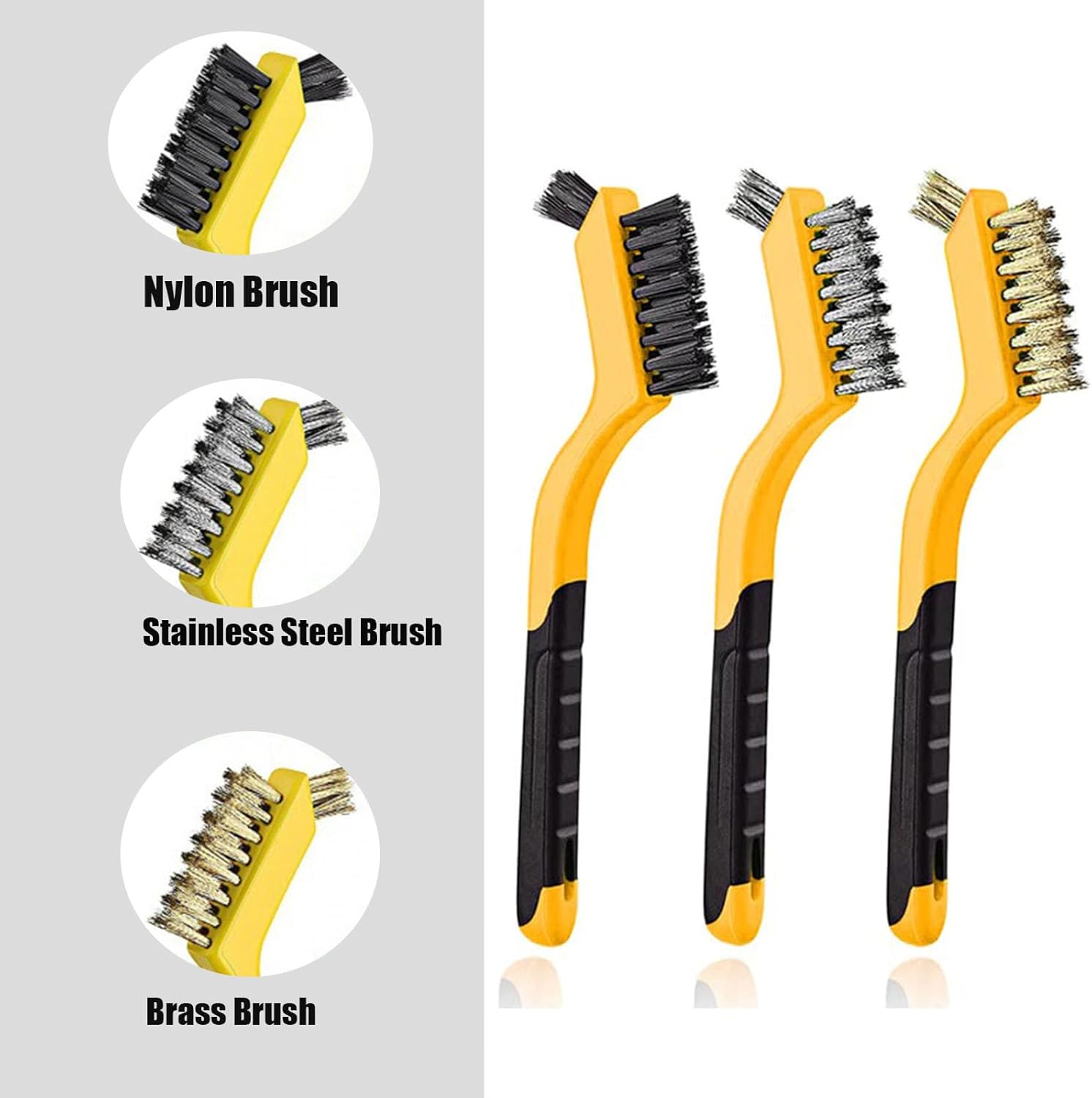 Wire Brush Set 5Pcs - Nylon/Brass/Stainless Steel Bristles with Curved Handle Grip,Rust Removal,Grill Cleaner,Paint Scrubbing Double-Ended Cleaning Brush and Picks Set image number 1