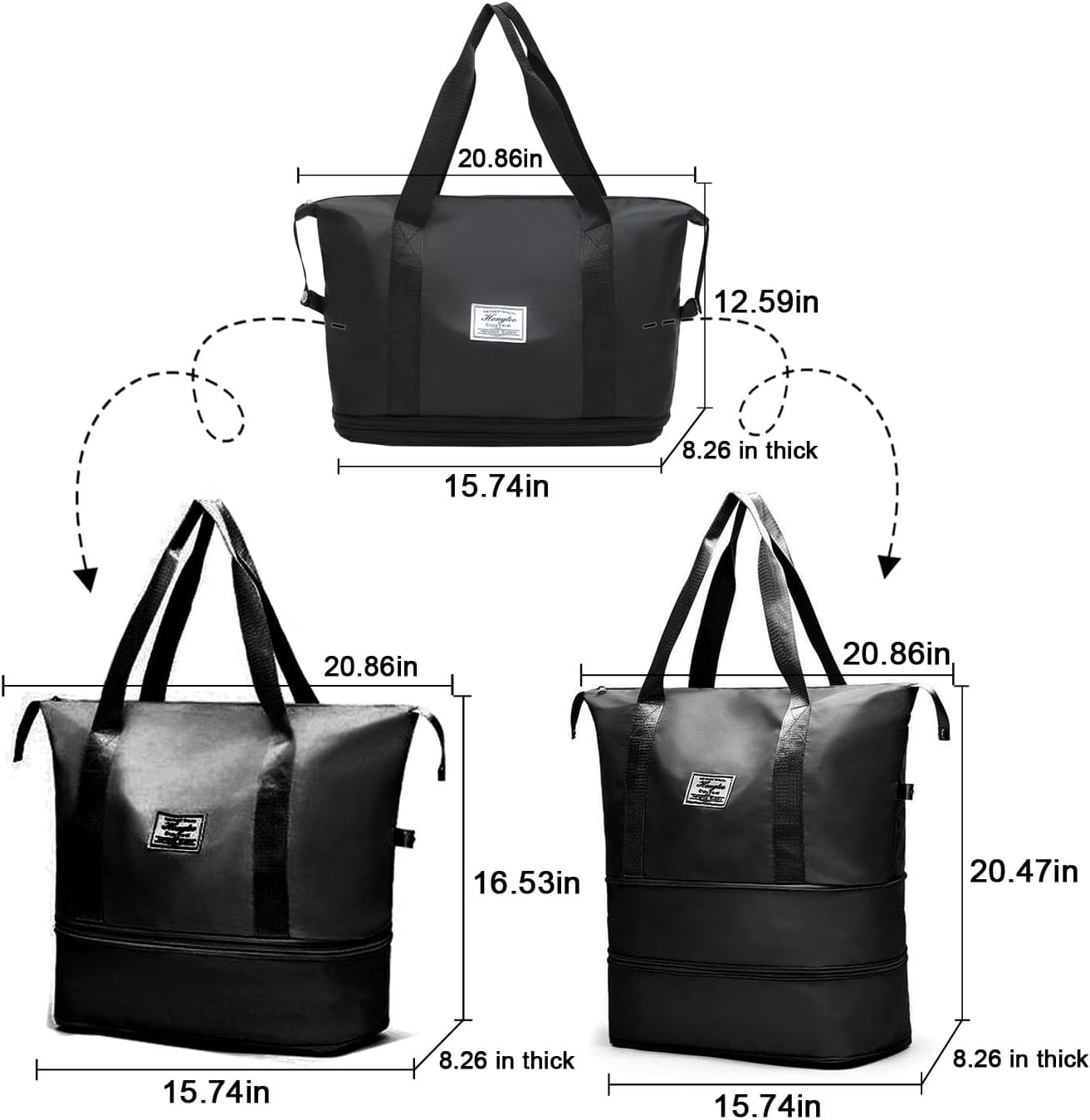 WUBAYI Travel Bag,Expandable Bilayer Overnight Bag Large Capacity Weekend Bag Dry & Wet Seperated Travel Bags for Women Foldie Travel Bag with Trolley Sleeve Duffel Bags for Women & Men, Black, L