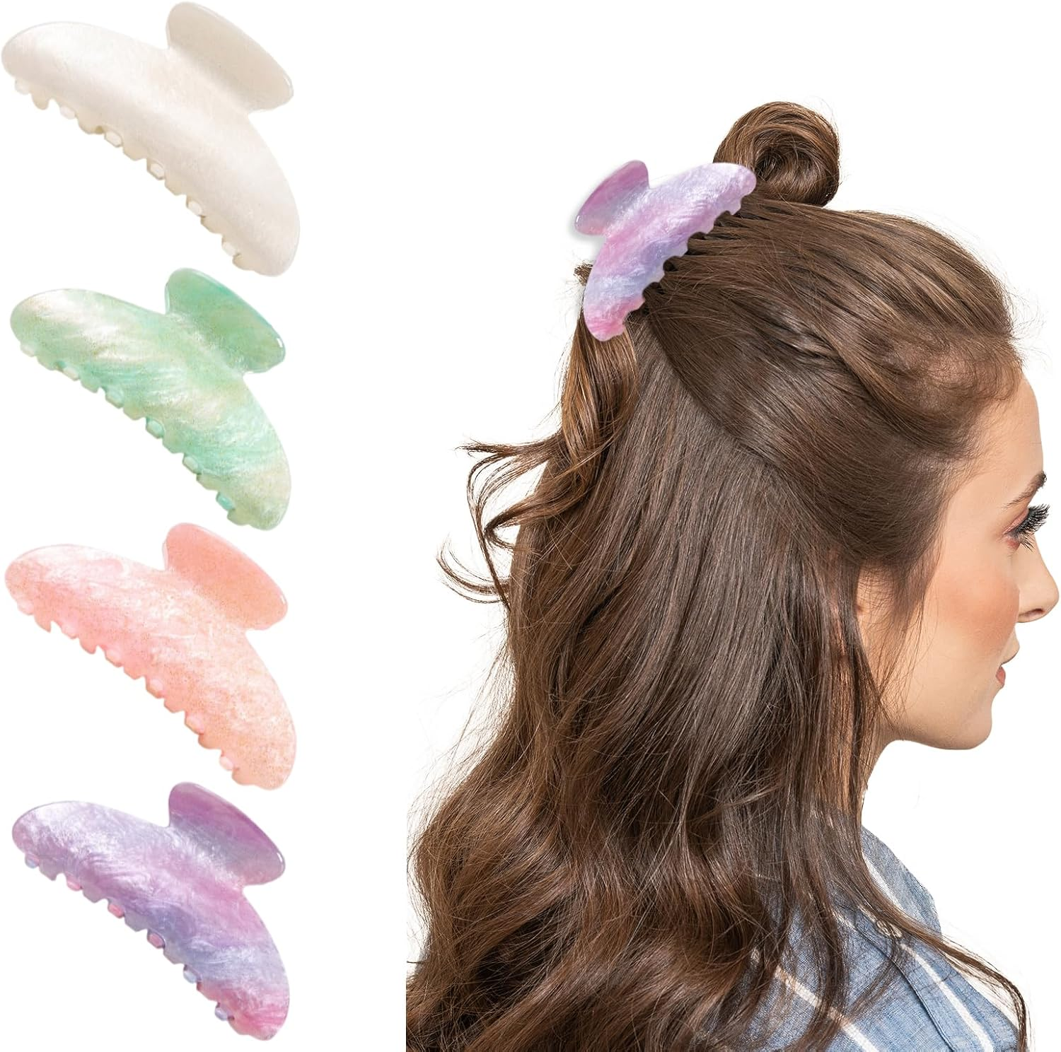 Hair Clips Large Set (Pack of 4) - Hair Clips for Thick Hair, Large Acrylic Claw Clips, Hair Barrettes (Glitter: White/Purple/Pink/Green) image number 5