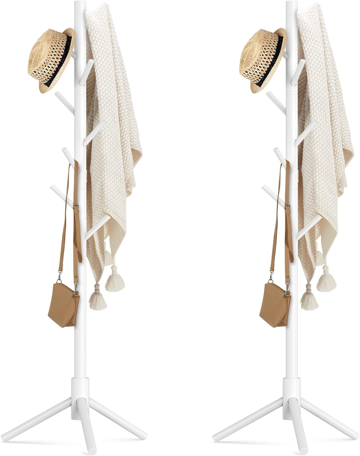 Haddockway Wooden Coat Rack Stand with 8 Hooks New Zealand Pine Adjustable Coat Standing Tree Easy Assembly for Coats, Hats, Scarves and Handbags for Entryway, Hallway, Bedroom, Office,2 PCS