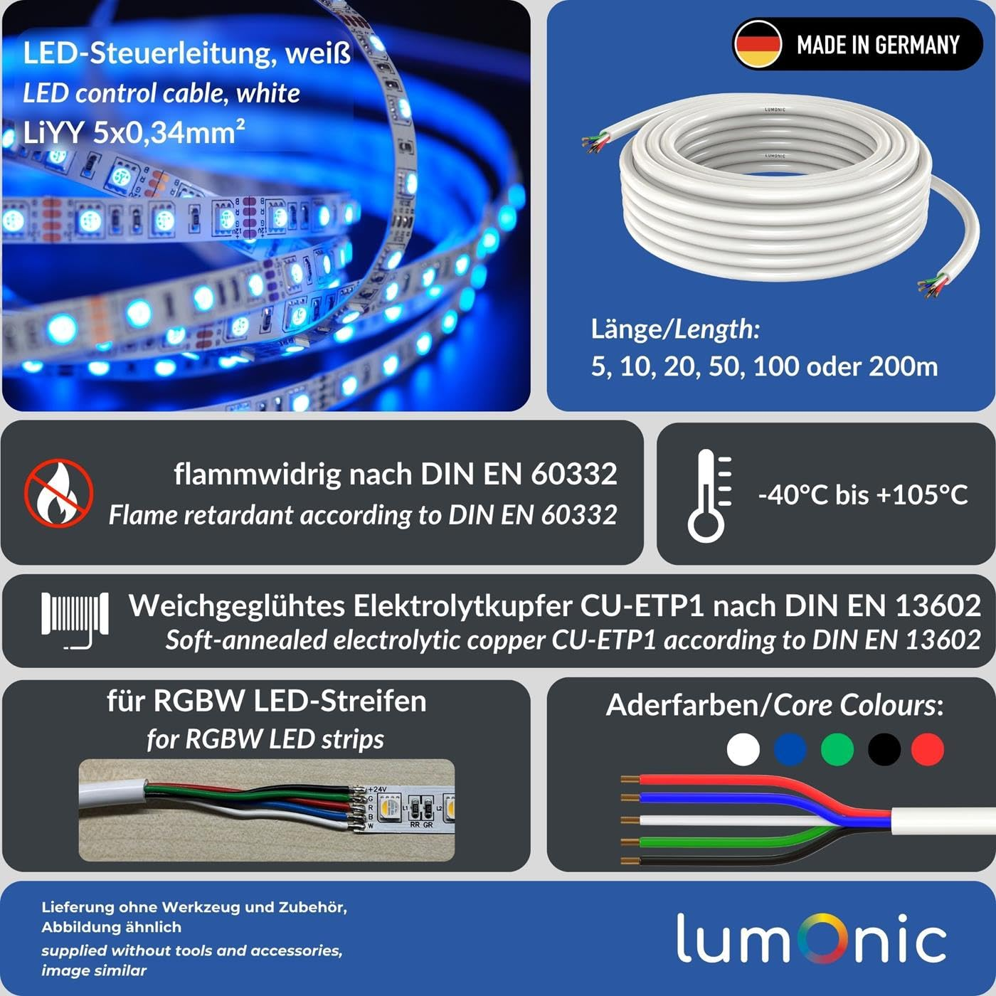 10 M RGBW LED Control Cable 5 X 0.34 Mm&sup2; Liyy Extension 5 Wire Power Cable White image number 2