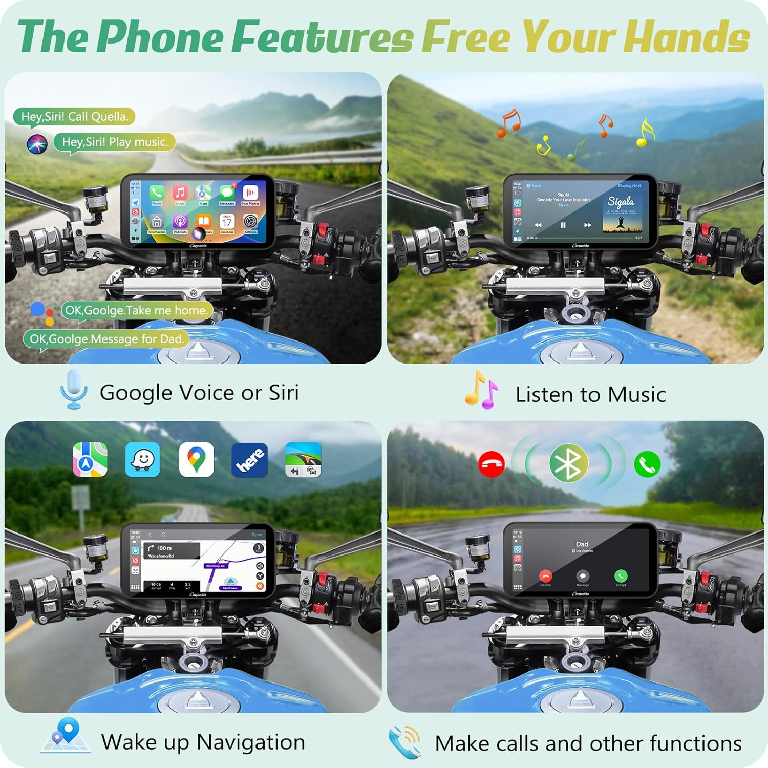 Carpuride W603D Motorcycle GPS Carplay Screen, Wireless Carplay & Android Auto for Moto, with HD 1080P Dual Cameras, Remote Control，6.3" Waterproof Touchscreen, BT Aduio, Loop Recording, Navigation image number 4