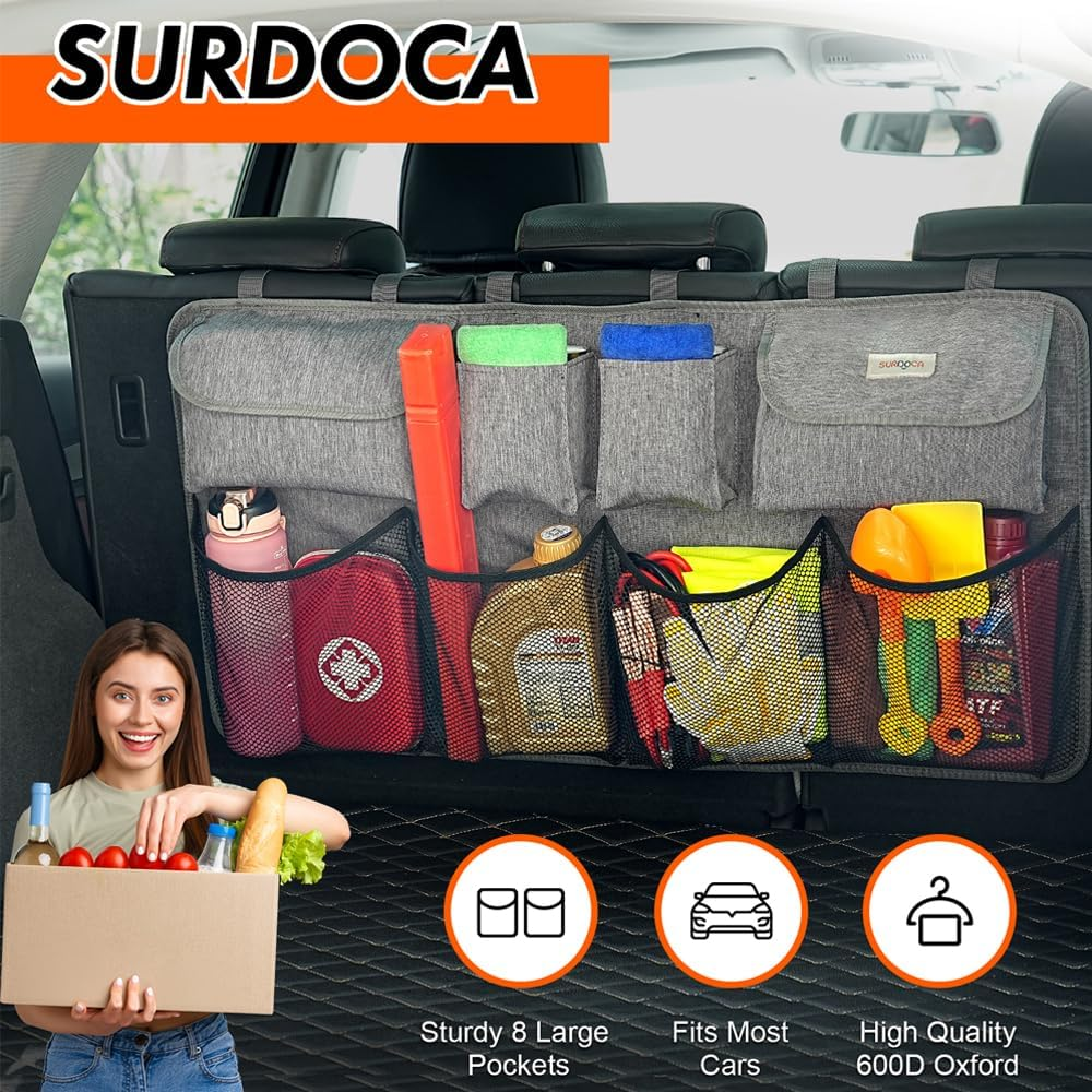 SURDOCA Car Trunk Organizer, 4Rd Gen [8 Times Upgrade] Super Capacity Car Hanging Organizer,Equipped with 4 Magic Stick,Car Trunk Tidy Storage Bag with Lids, Space Saving Expert (Xl-110X48Cm, Grey)