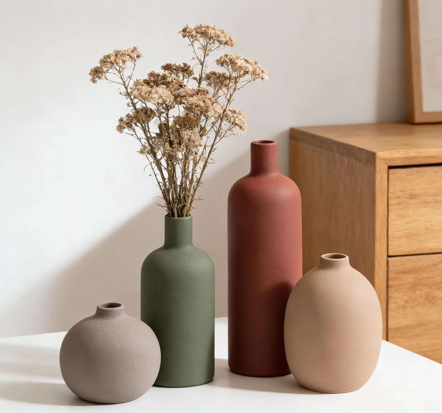 Ceramic Vase Set of 4, Classic Matte Flower Vases for Home Decor, Bookshelf, Bathroom, Living Room (Red/Green/Dark Brown/Grey)