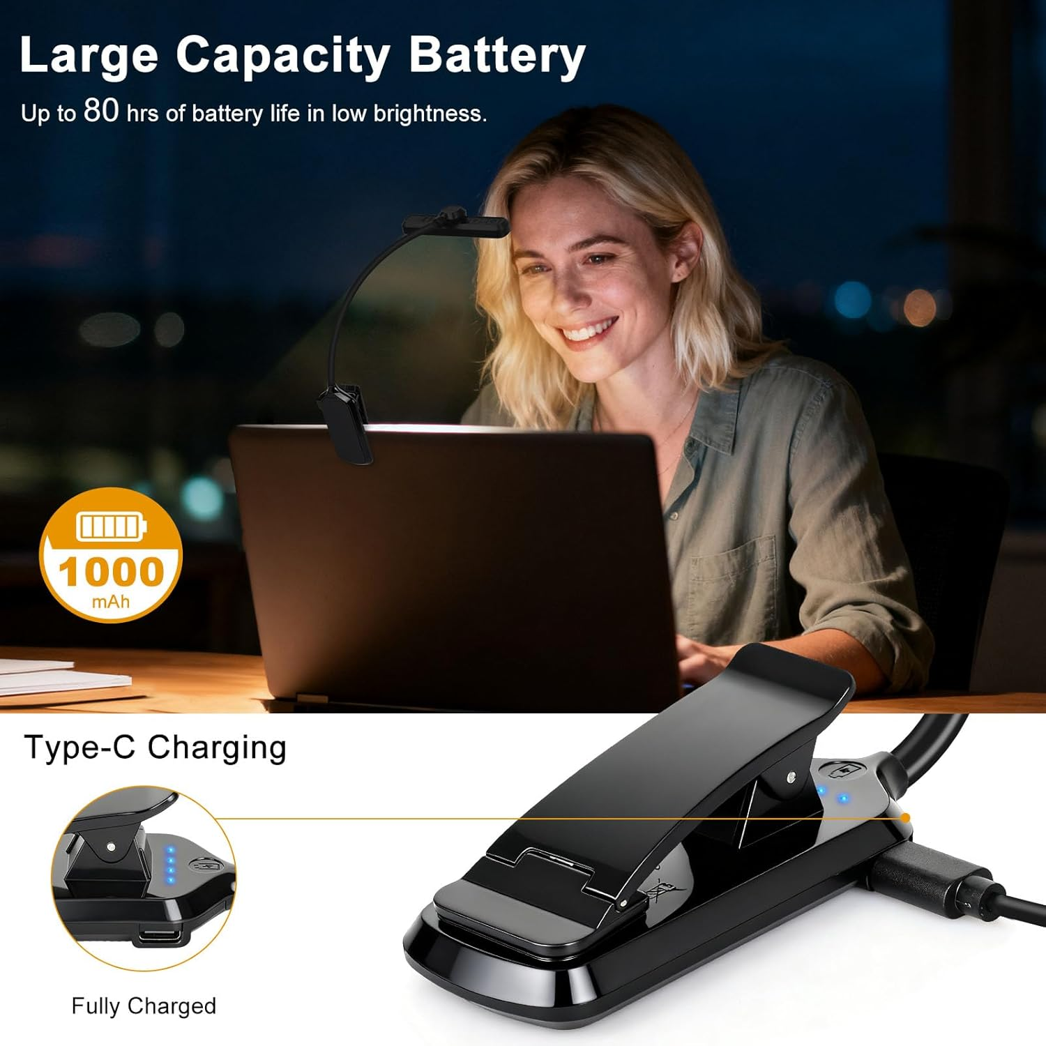 Kakeyrun 24 LED Book Light, Reading Light Night Light with 80 Hours Runtime, 3 Eye-Protection Mode & 5 Brightness Levels, Large Lamp Area, 360&deg; Flexible for Reader, Music Sheet Lighting (Black) - Black image number 4