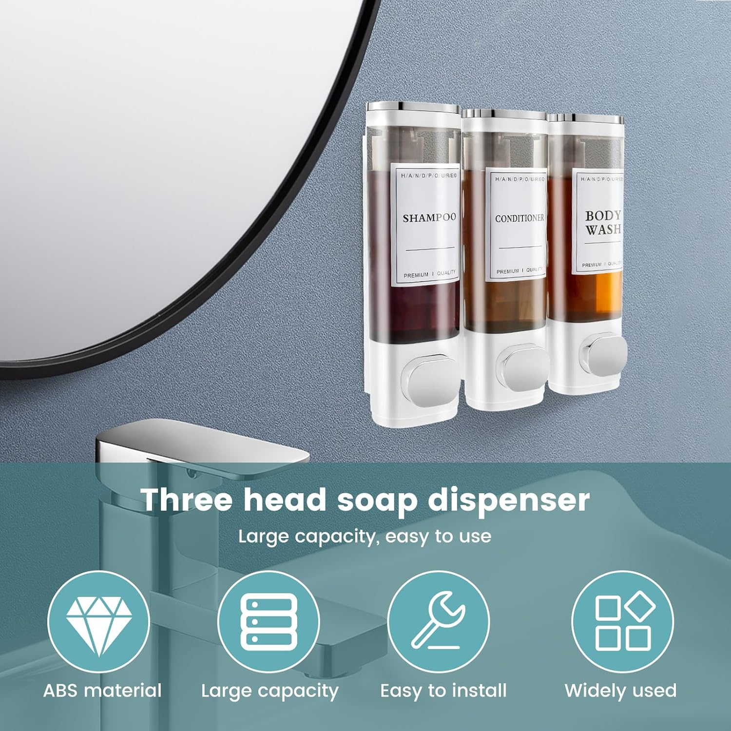 Fwqofvk 3 in 1 Shower Soap Dispenser 3 Chamber Bathroom Shower Dispensers No Drill Shampoo and Conditioner Dispenser Easy to Install Versatile Shampoo Dispenser Wall Mounted for Bathroom (White) image number 2