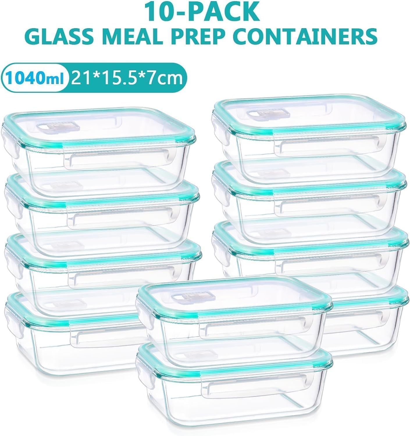 Feshory 10 Pack (1040Ml/35Oz) Airtight Glass Food Storage Containers with Plastic Lids - Glass Meal Prep Food Containers, Lunch Box for Kitchen Storage & Organisation image number 1