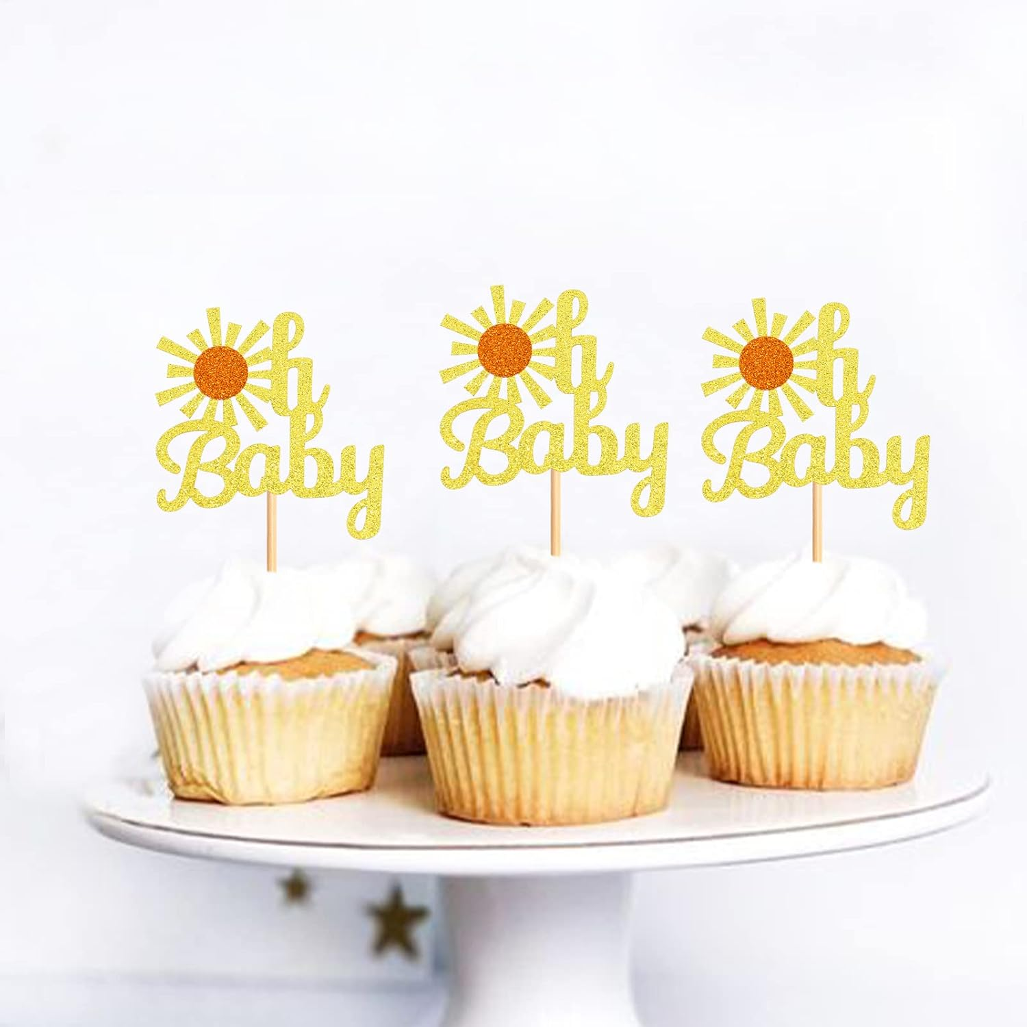 24 Pack Oh Baby Sunshine Cupcake Toppers Sunshine Cupcake Picks for Wedding Baby Shower Birthday Party Decorations Gold image number 3