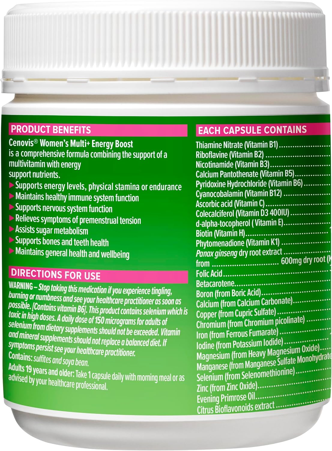 Cenovis Women'S Multi + Energy Boost Capsules 150 Daily Multivitamin Supports Energy Levels, Physical Stamina, Nervous System Function, Bone and Teeth Health, Maintains Healthy Immune System Function image number 6