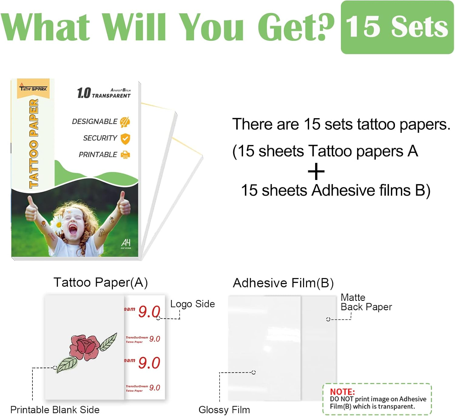 15 Sets A4 Tattoo Transfer Paper Printable Waterproof Temporary Tattoo Paper for Inkjet & Laser Printers(A4 Size+15 Sets) DIY Temporary Tattoos Stickers (Transparent) image number 4