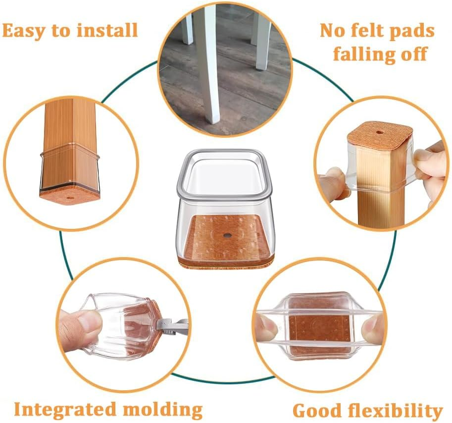 RUSIDO Pack of 35 Square Chair Leg Caps (For Side Length: 26-40 Mm), Clear Chair Leg Protectors, Chair Gliders, Silicone Protective Caps for Chair Legs, Felt Glides for Wooden Floors, Floor From image number 7