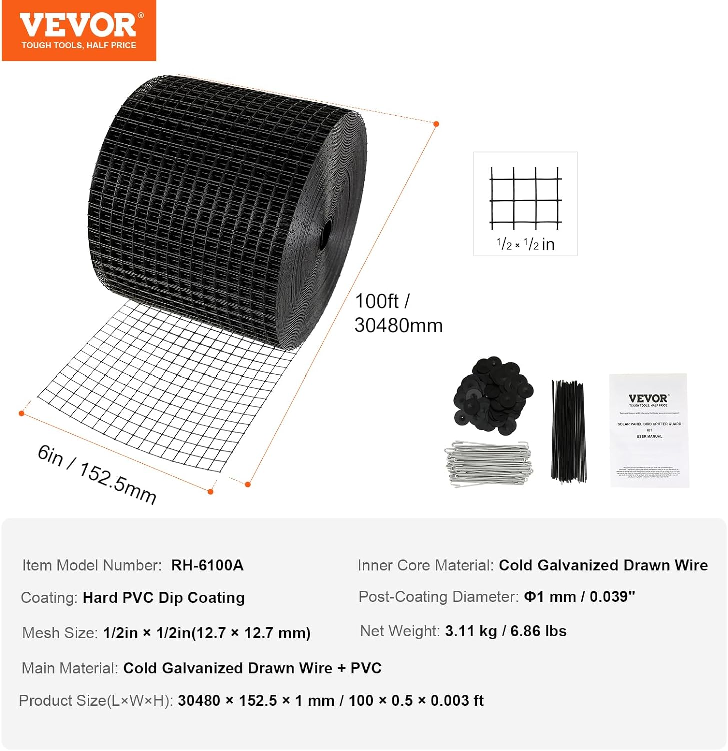 VEVOR 6 Inch X 100Ft Solar Panel Bird Guard, Critter Guard Roll Kit with 60Pcs Stainless Steel Fasteners, Solar Panel Guard with Rust-Proof PVC Coating, 1/2 Inch Wire Roll Mesh image number 1