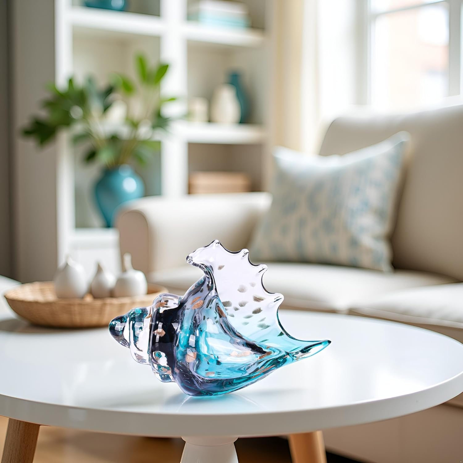 XMGZQ Hand Blown Glass Conch Statue,Sea Glass Art Figurine, Coastal Home Decor with Sea Shells, Living Room TV Stand above Cabinet,Bookcase,Beach Decoration,Entryway Conch Horn Figurines - Gray,Yellow image number 4