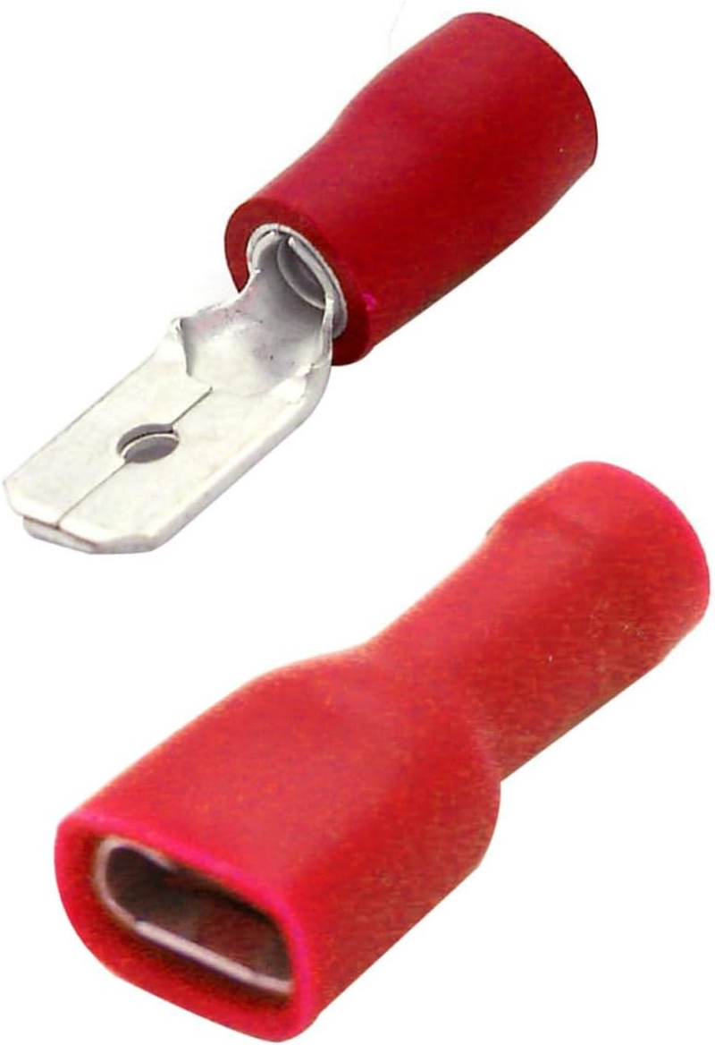 CHILDWEET European Standard Compliant Spade Terminals Wire Ferrules Crimp Terminals 100Pcs (50 Male 50 Female) Insulated Red 0.4Mm-1.5Mm&sup2; Plastic Case Quick Splice Marine Car