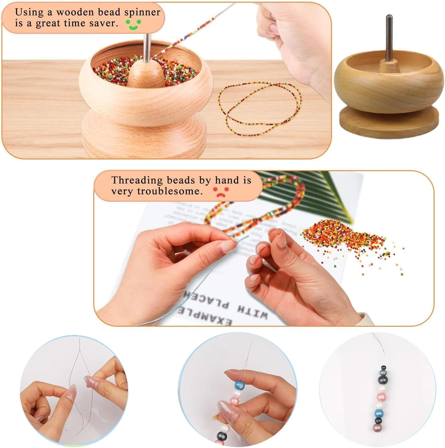 Paifeancodill Wooden Bead Spinner, Portable Jewelry Making Tool with 5 Effort-Saving Plastic Bowls and 2 Beading Needles for DIY Crafts Necklaces image number 3