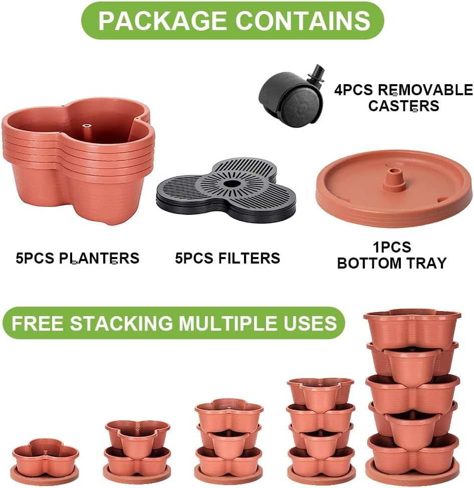 5 Tier Vertical Garden Strawberry Stackable Planters Herbs Petunias Pancy, Vegetable Planter Indoor Outdoor Gardening Pots with Removable Wheels and Tools (White) image number 5