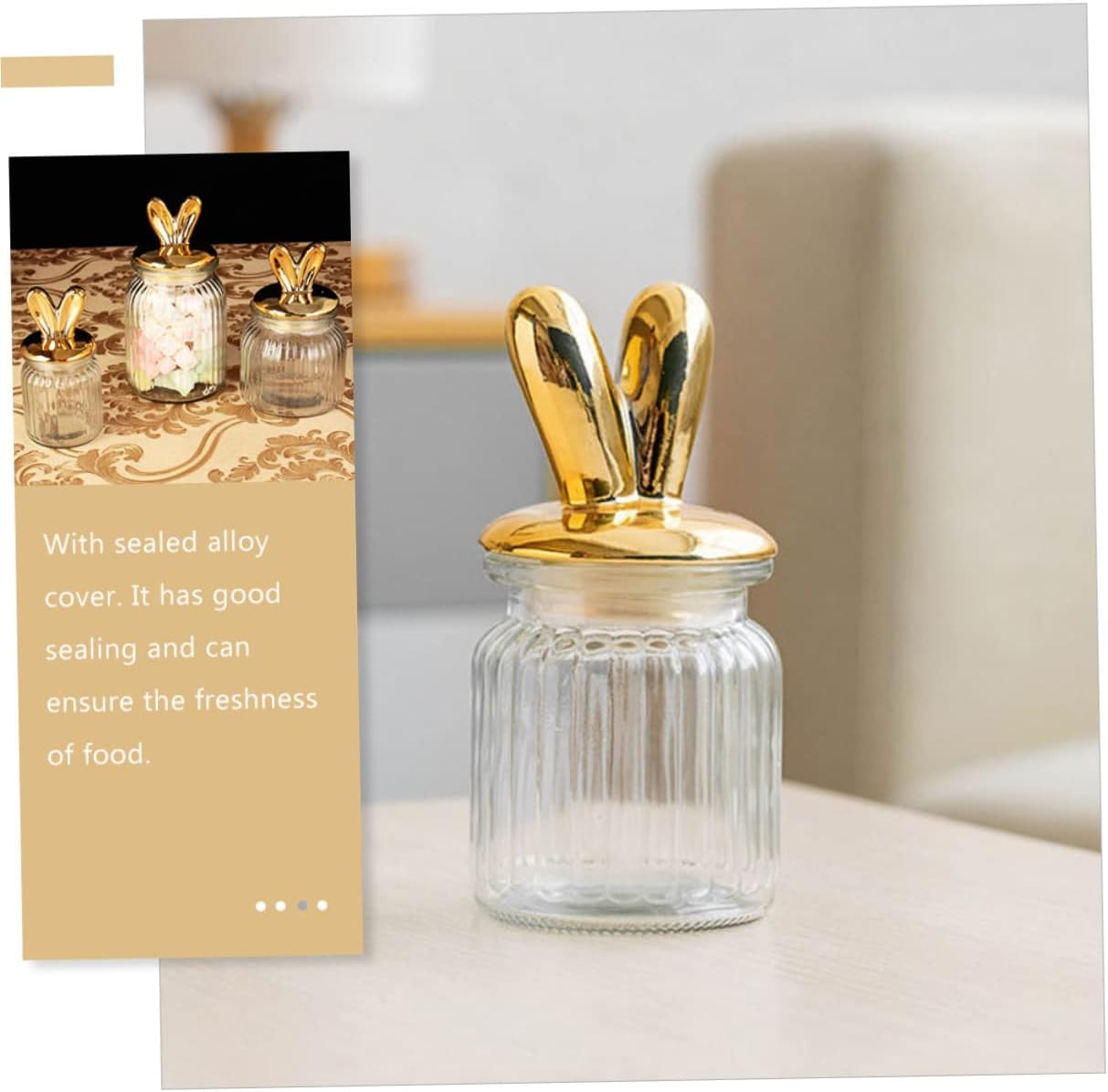 MUCKLILY Bunny Ears Glass Storage Container Airtight Canister for Loose Tea Dry Fruits Snacks Decorative Kitchen Organizer Sealed Lid for Home