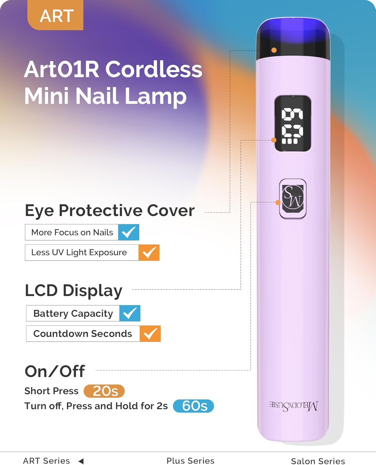 Melodysusie Handheld UV Light for Gel Nails, ART01R Cordless Gel X Nail Lamp Rechargeable with LCD Display, Eye-Protective Cover Flash Cure Nail Dryer for Rhinestone Glue Decoration DIY at Home Purple image number 6