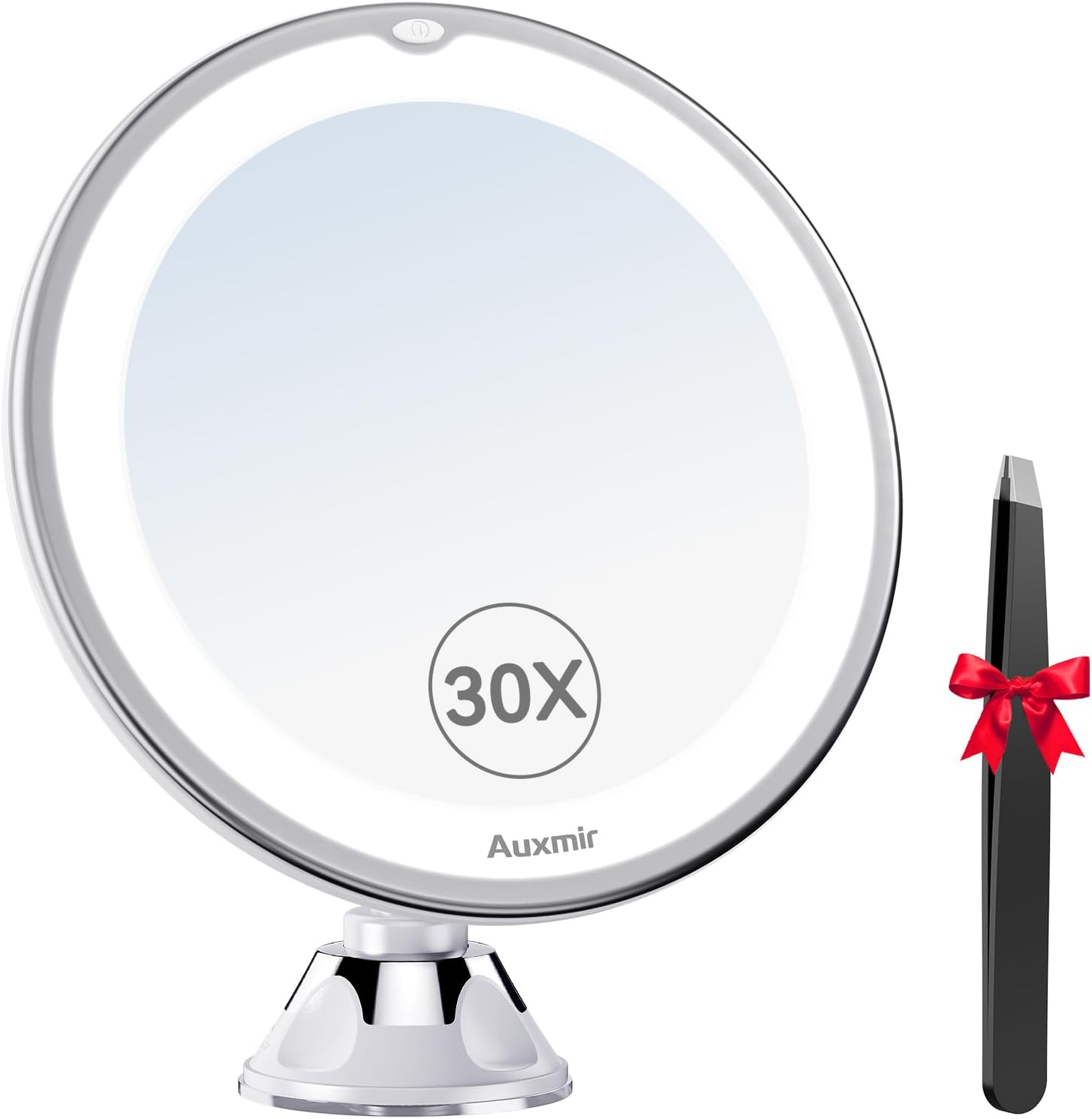 Auxmir 2025 Upgraded 30X Magnifying Mirror with Light, Makeup Mirror with 2-Level Lights, Vanity Mirror with Power Suction Cup and Tweezers, 360&deg; Swivel, Portable Bathroom Mirror for Home Travel