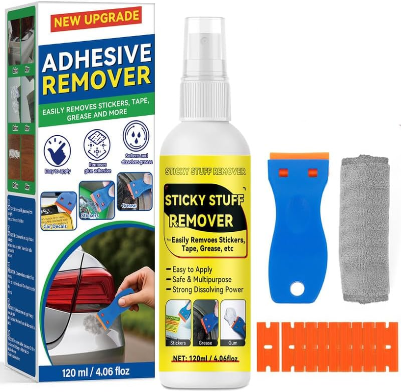 Sticker and Adhesive Remover Spray with Scraper, Multi-Surface Sticky Stuff Remover for Labels, Tape Residue, and Grease, Safe for Car, Glass, Plastic, and Wood, 120Ml image number 5