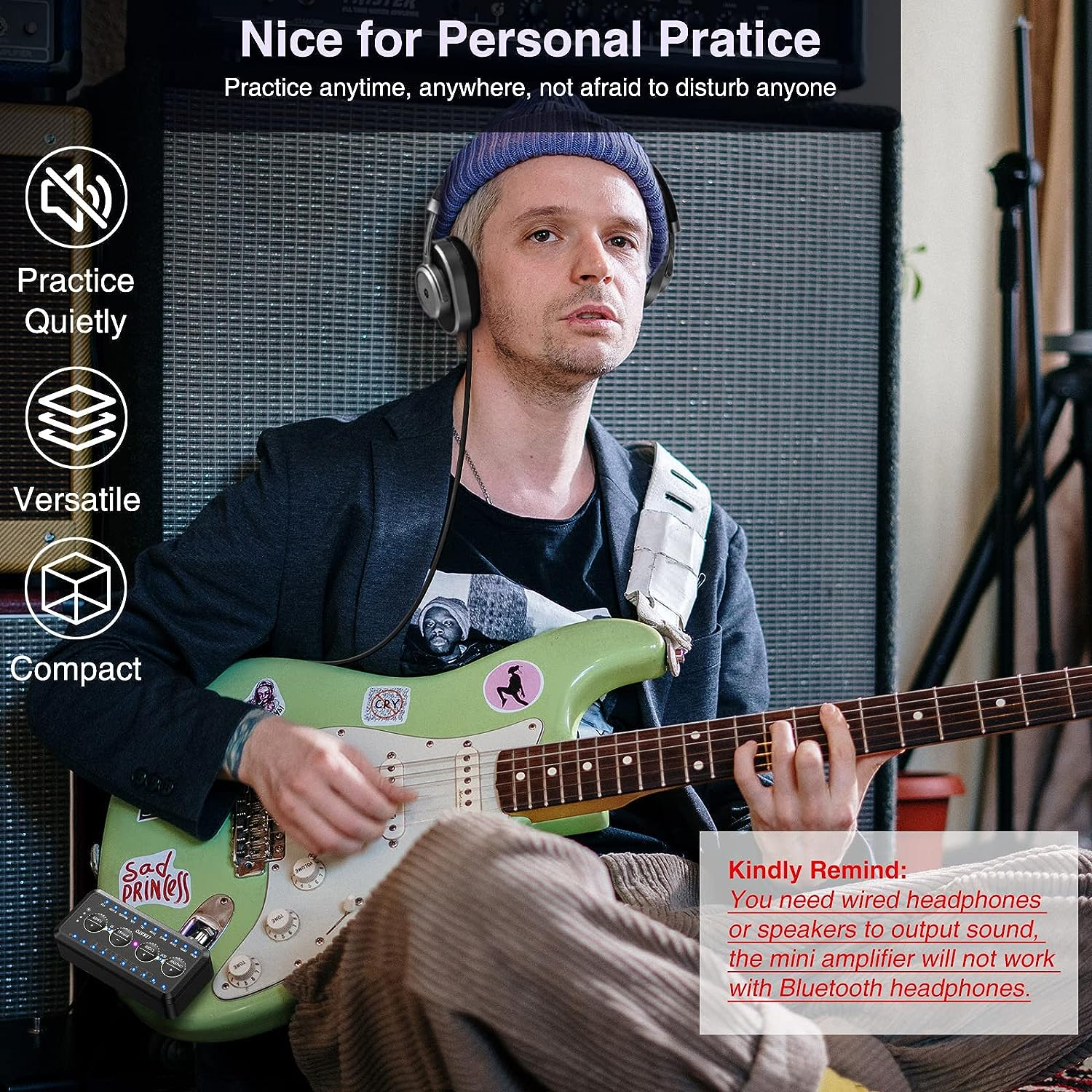 LEKATO Guitar Headphone Amp Rechargeable Micro Headphone Amplifier with Multi Effects - Amp Models, IR Loading, Tuner, Portable Bass Guitar Headphone Amplifier Delay Reverb Chorus Overdrive image number 5