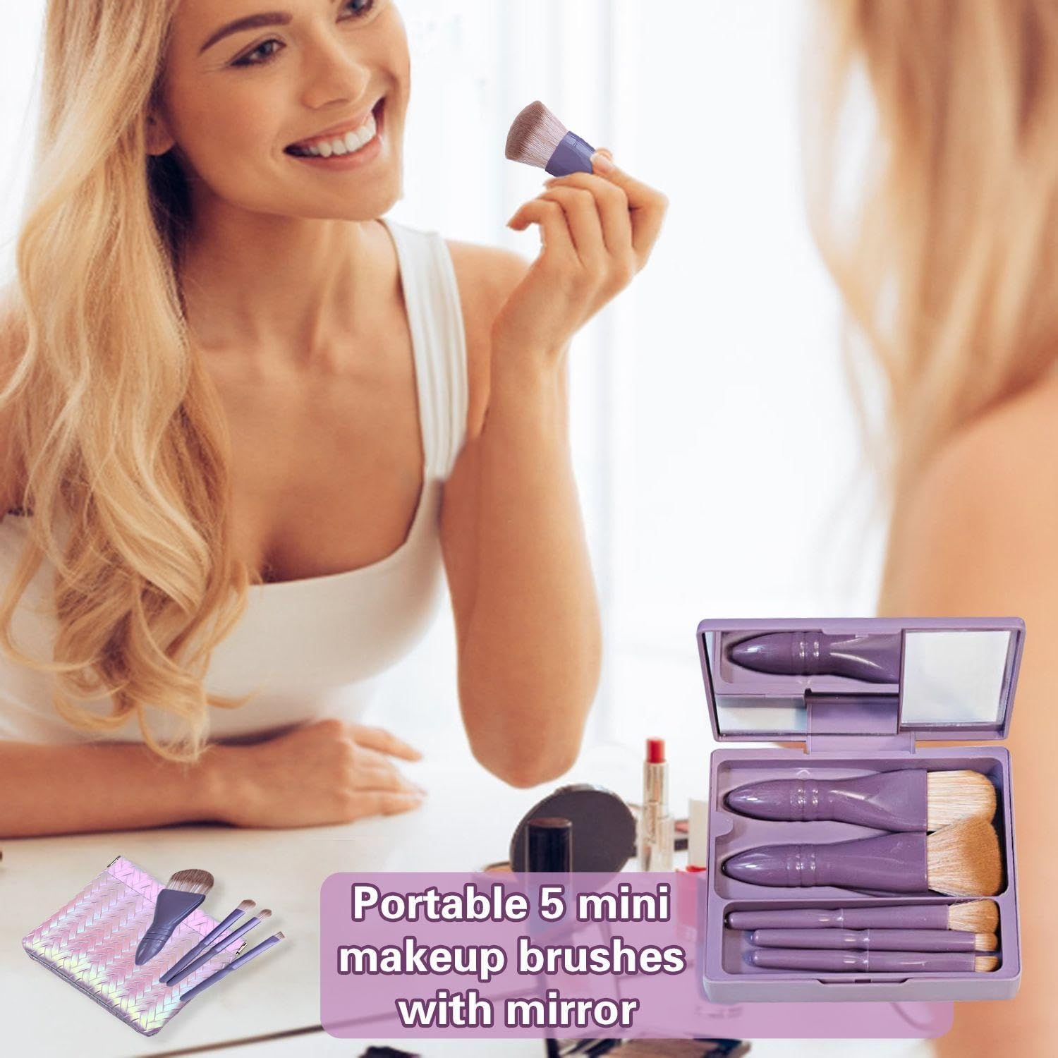 5 Makeup Brushes & 1 Mini Storage Bag Makeup Brush Set with Mirror Beauty Tools Portable Travel Accessories Purple image number 3