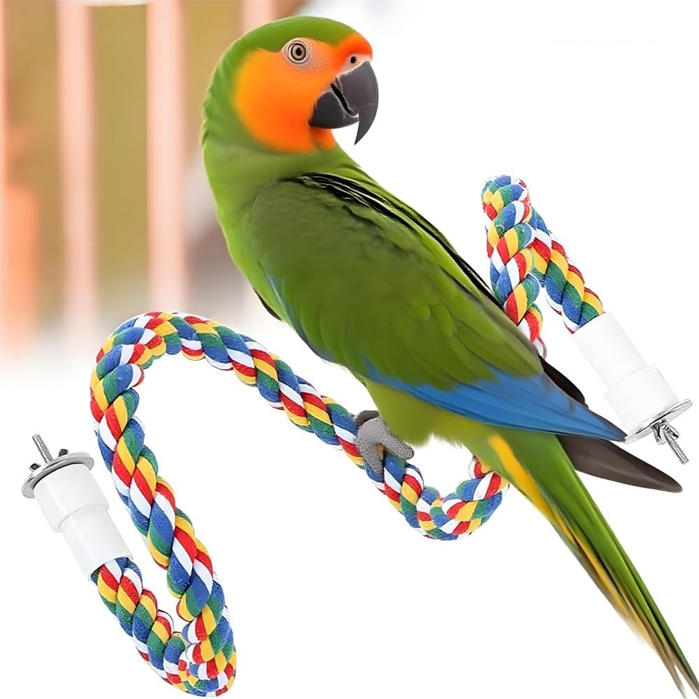 2 Pcs Cotton Rope Bird Perches, 16 & 24 Inch Spiral Perch for Parrots, Cockatiels, Budgie, Parakeets Colorful Comfy Climbing Stand, Bungee Toy for Bird Cage Accessories image number 2