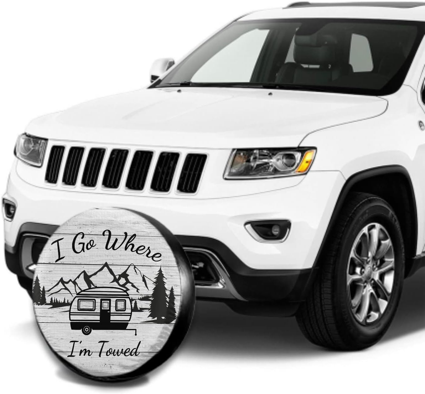 I Go Where I'M Towed Spare Tire Cover Waterproof Dust-Proof Universal 14 Inch Wheel Protectors Camper Spare Tire Cover Fit for RV Trailer Truck Jeep SUV Rav4 Motorhome Travel Trailer Accessories image number 3