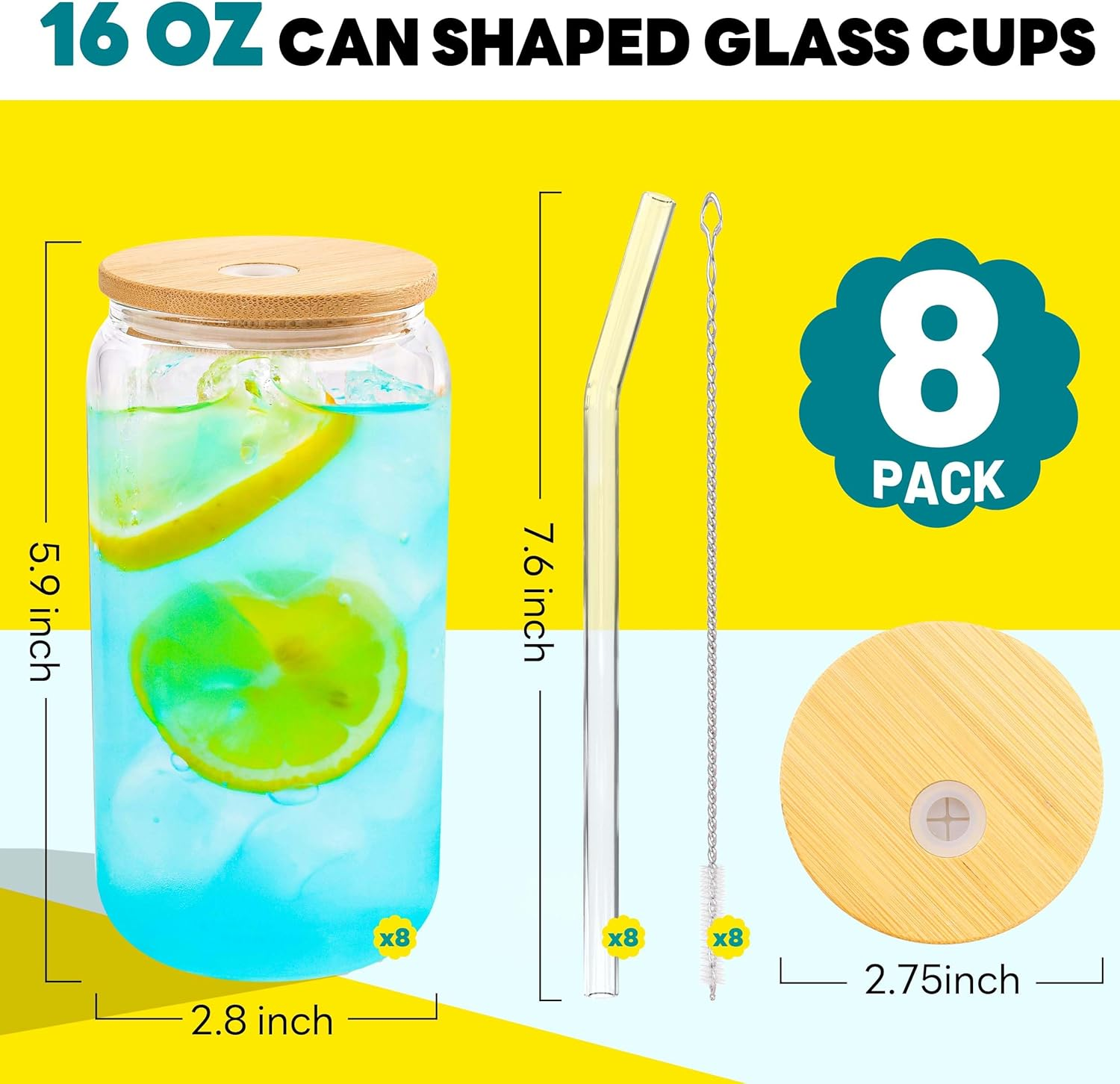 Joyclub Glass Cups with Bamboo Lids and Straws 8 Set 16 Oz Reusable Iced Coffee Cup Beer Can Drinking Jars for Smoothie Whiskey Boba Soda Tea Gift image number 6