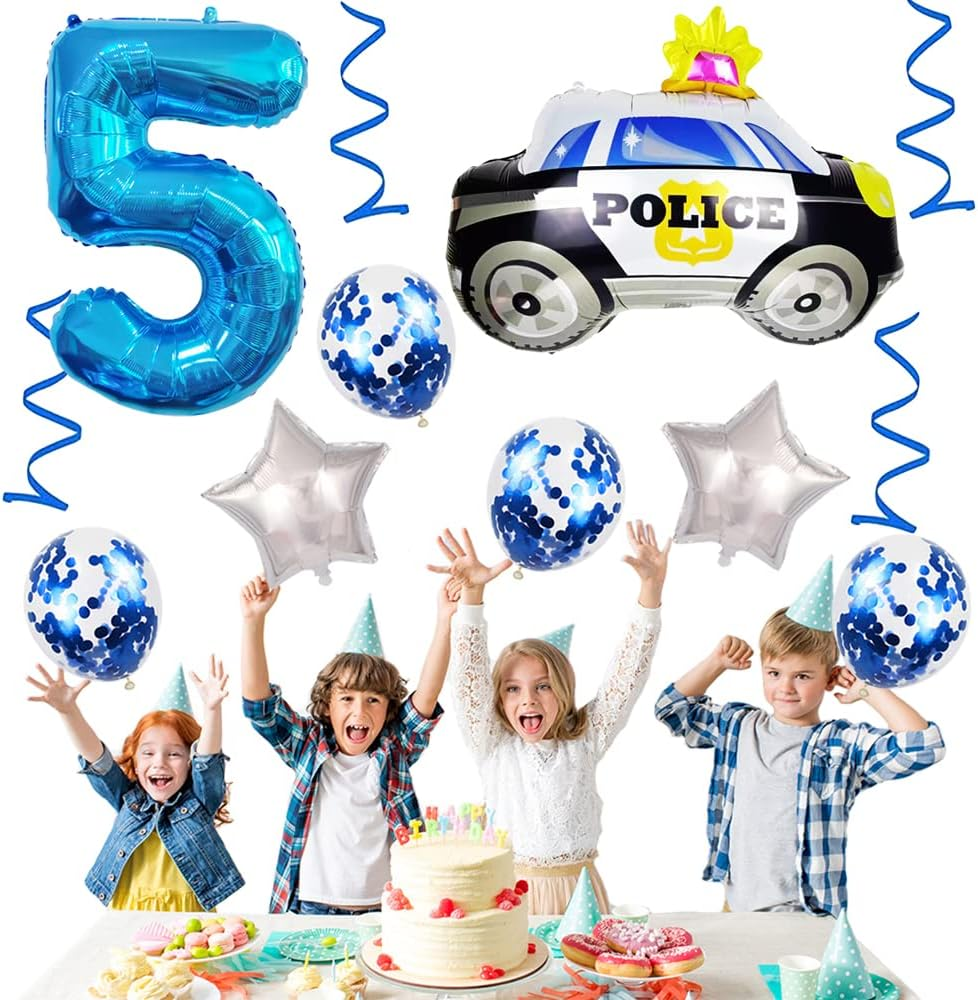 Weenkeey 5Th Police Car Birthday Balloons Giant Police Car Aluminum Foil Balloon Number 5 Mylar Balloon for Police Party Boys Birthday Decor - Blue