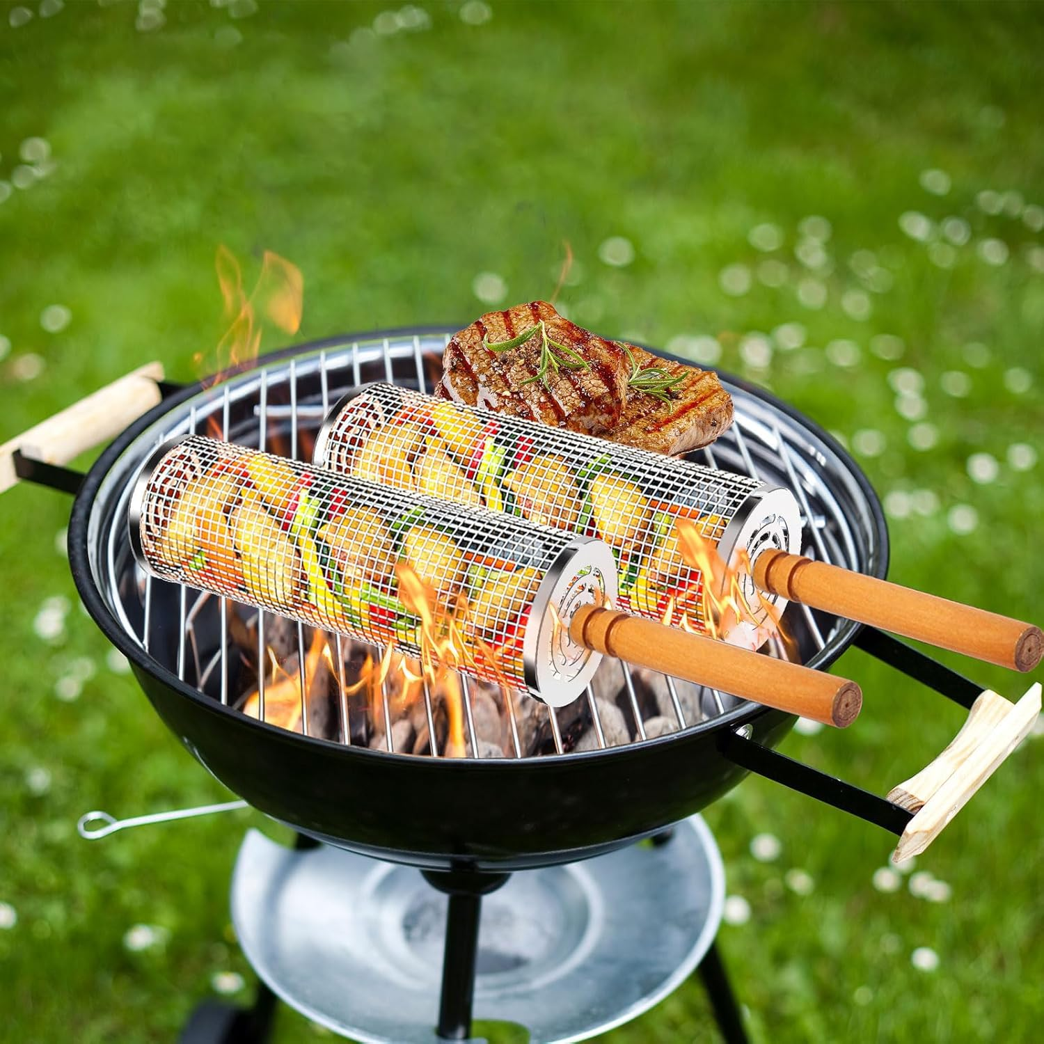Grill Baskets for Outdoor Grill, Rolling Grill Basket with Removable Wooden Handle, Stainless Steel Grilling Accessories for Fish, Shrimp, Meat, Vegetables, Fries，Bbq image number 6