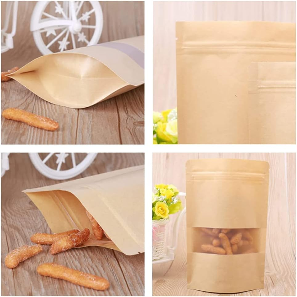 20Pc 9Cmx14Cm+3Cm Kraft Paper Stand up Doy Pouch Zip Lock Bags with Window Food Storage image number 5