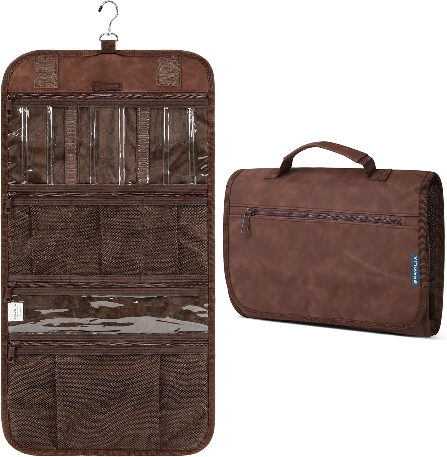 PAVILIA Hanging Toiletry Bag Women Men, Travel Kit Foldable Toiletries Organizer, Roll up Cosmetics Makeup Bag, Waterproof Essentials Jewelry Case