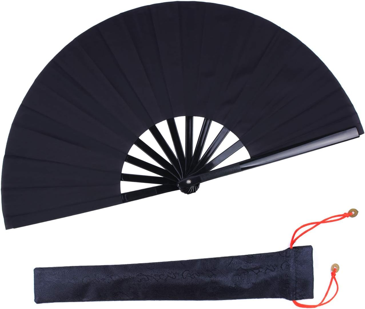 Folding Fan Black Large Hand Fan Chinese Kung Fu Tai Chi Hand Held Plastic-Nylon Folding Fans for Men with a Fabric Case for Protection 13Inch (Folding Fan Black)