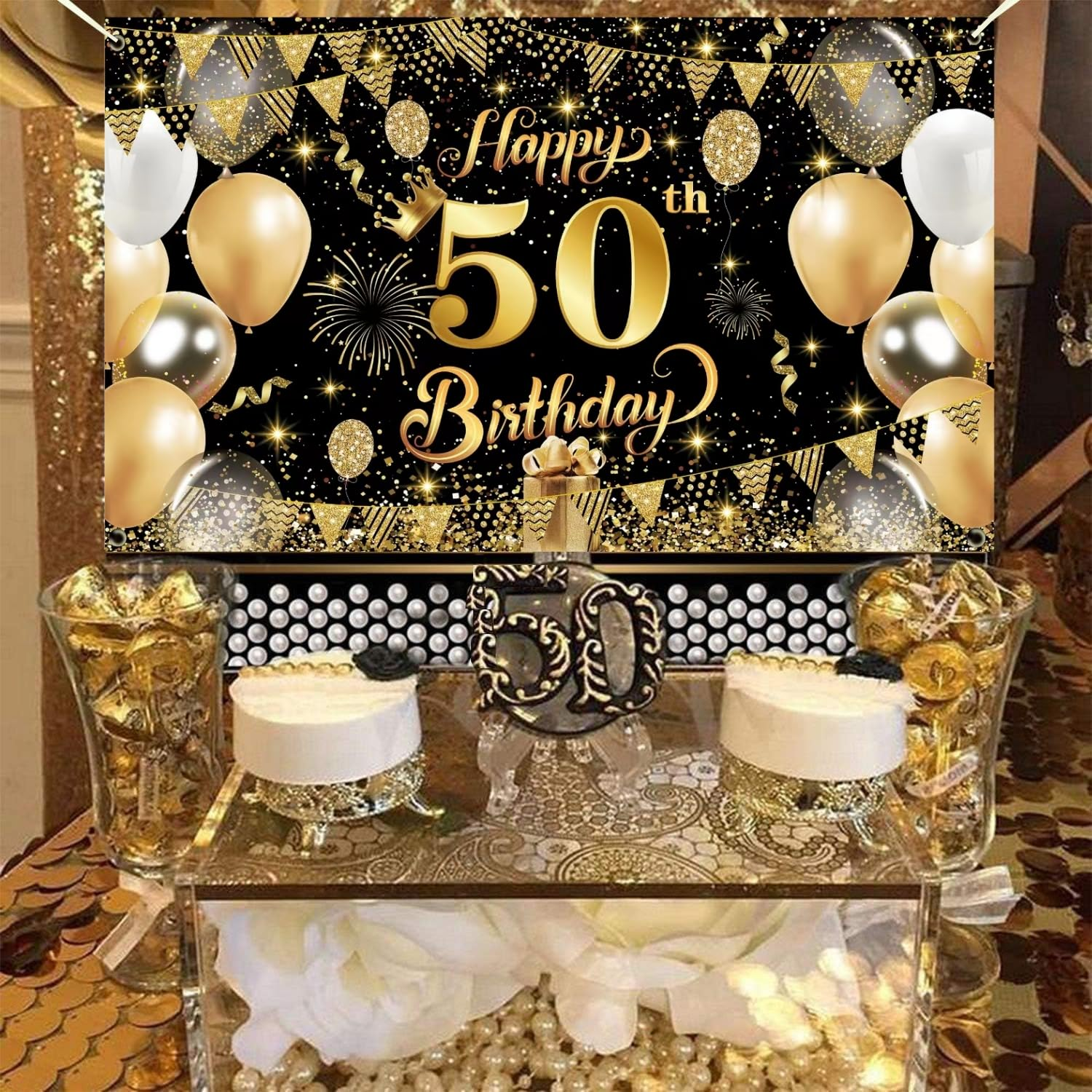 Yuanbigtai 50Th Happy Birthday Banner,Happy 50Th Birthday Decorations Backdrop,Birthday Party Decoration Black Gold Sign Poster for Backdrop Background for Men, and Women Birthday, 70.8 X 43.3 Inch image number 5