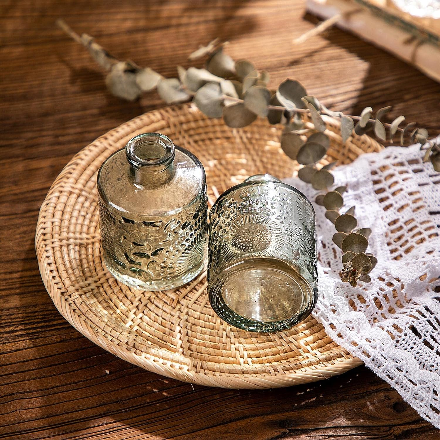 Glass Bud Vase Set of 6, Small Flower Vases for Decorative, Gradient Glass and Embossed Style Mini Glass Bottles for Home Decor, Vintage Glass Bottles 3.3"-5.2''H. (Mini Set of 3) image number 3