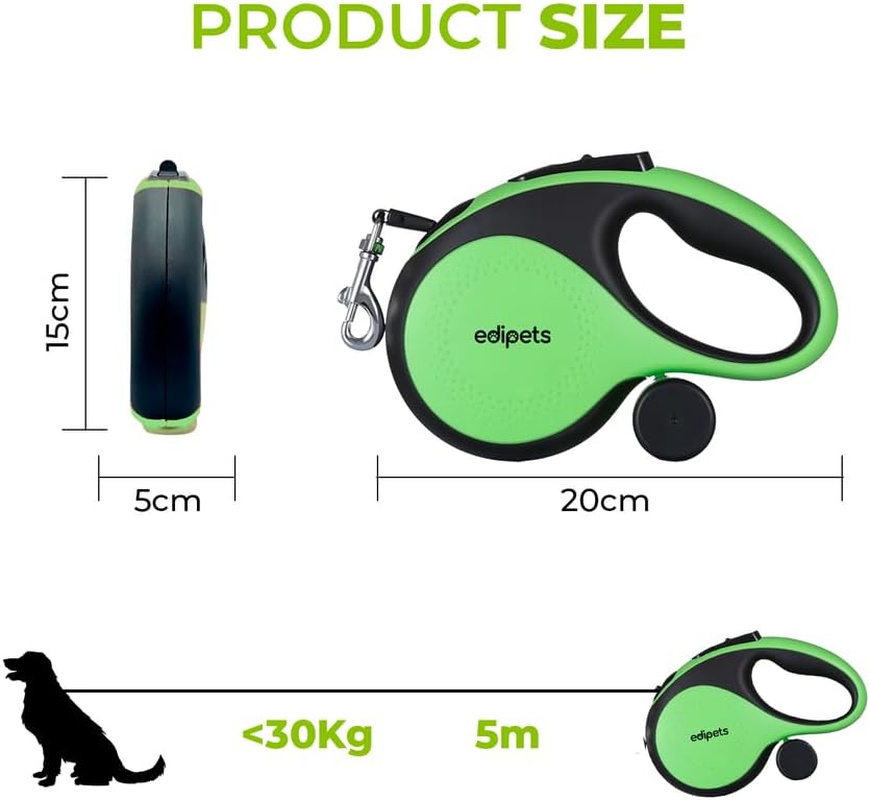Edipets, Retractable Dog Leash, 5 Metres, Includes Bag Dispenser, Flexible Tape for Training and Walking, for Small, Medium and Large Dogs (Green, 5 Metres) image number 6