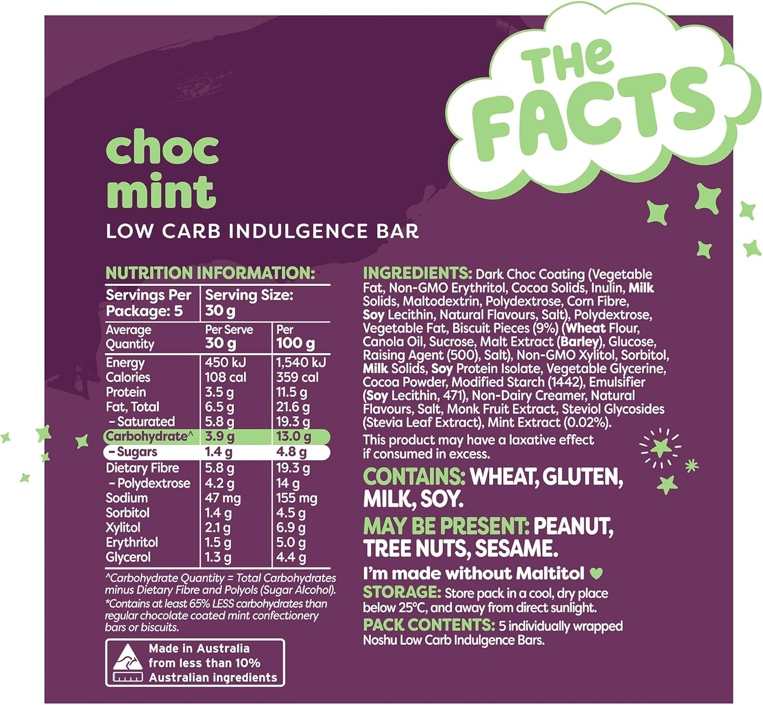 Noshu Low Carb Choc Mint Indulgence Bars &ndash; 5 Pack (150G) image number 2